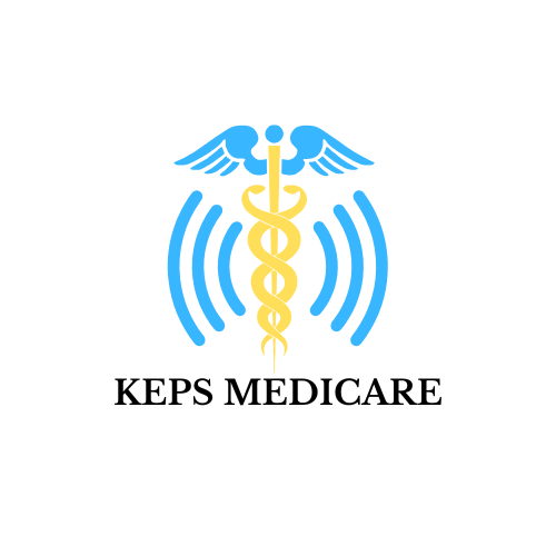Medical caduceus symbol with blue and yellow colors and wireless signal lines, with the text "KEPS MEDICARE" below.