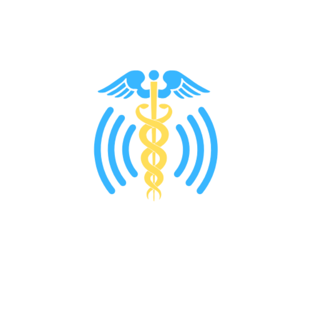 Logo with a golden caduceus, blue winged staff, and sound wave lines behind, with the text 'KEPS MEDICARE' below.