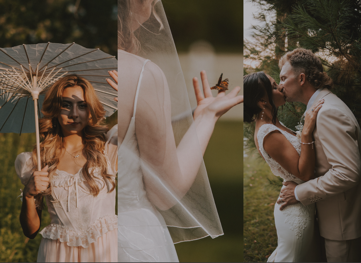 A collage of three wedding-themed photos: a woman holding a parasol, a close-up of a woman's hand with a butterfly on her finger, and a bride and groom kissing outdoors.