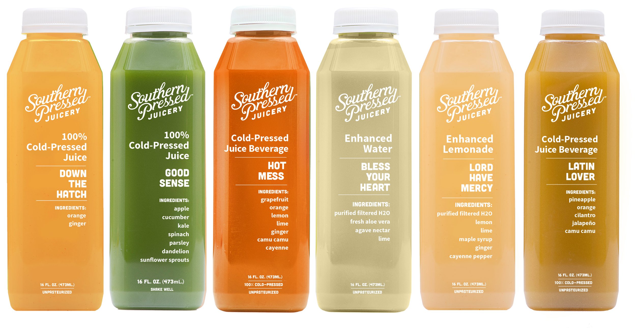 Six bottles of Southern Preserved Juicery cold-pressed juices with different flavors and ingredients, arranged in a row.