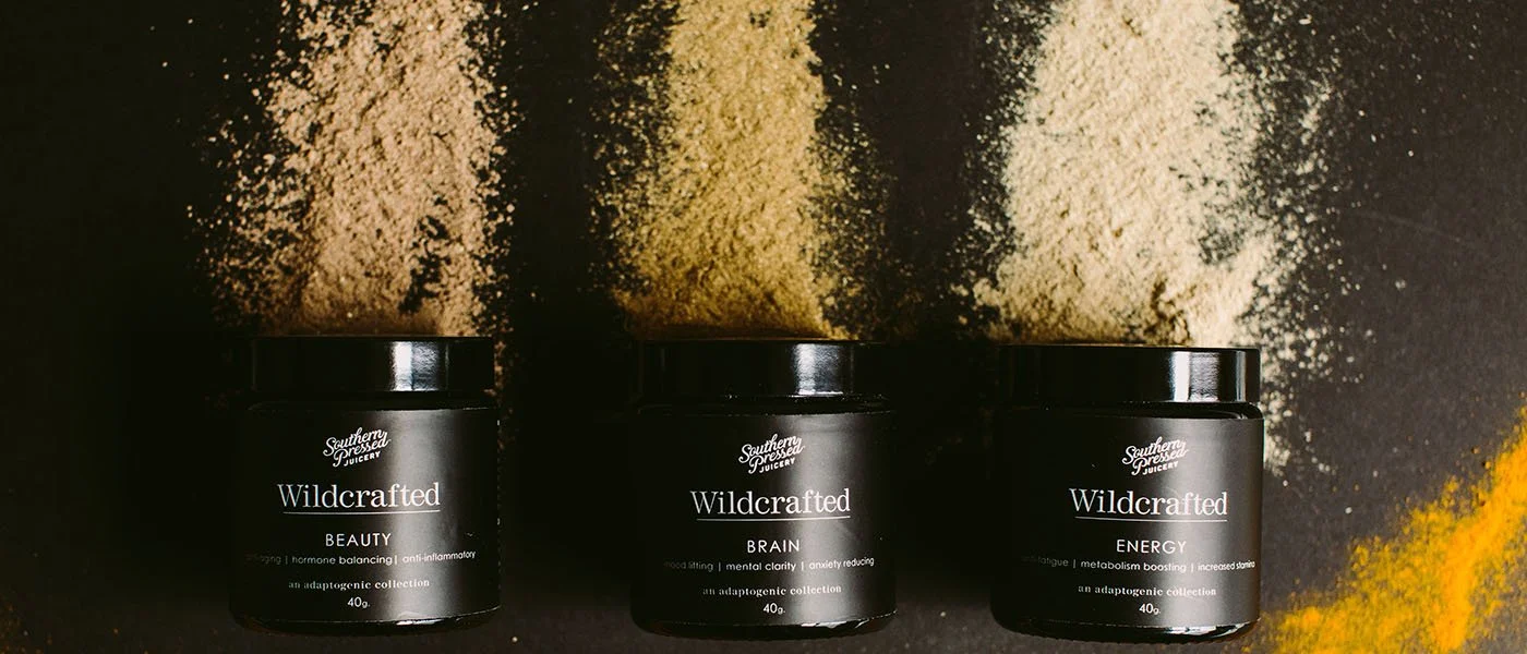 Three black jars labeled 'Wildcrafted' with different capsules: Beauty, Brain, and Energy, placed on a dark surface with colored powders in the background.