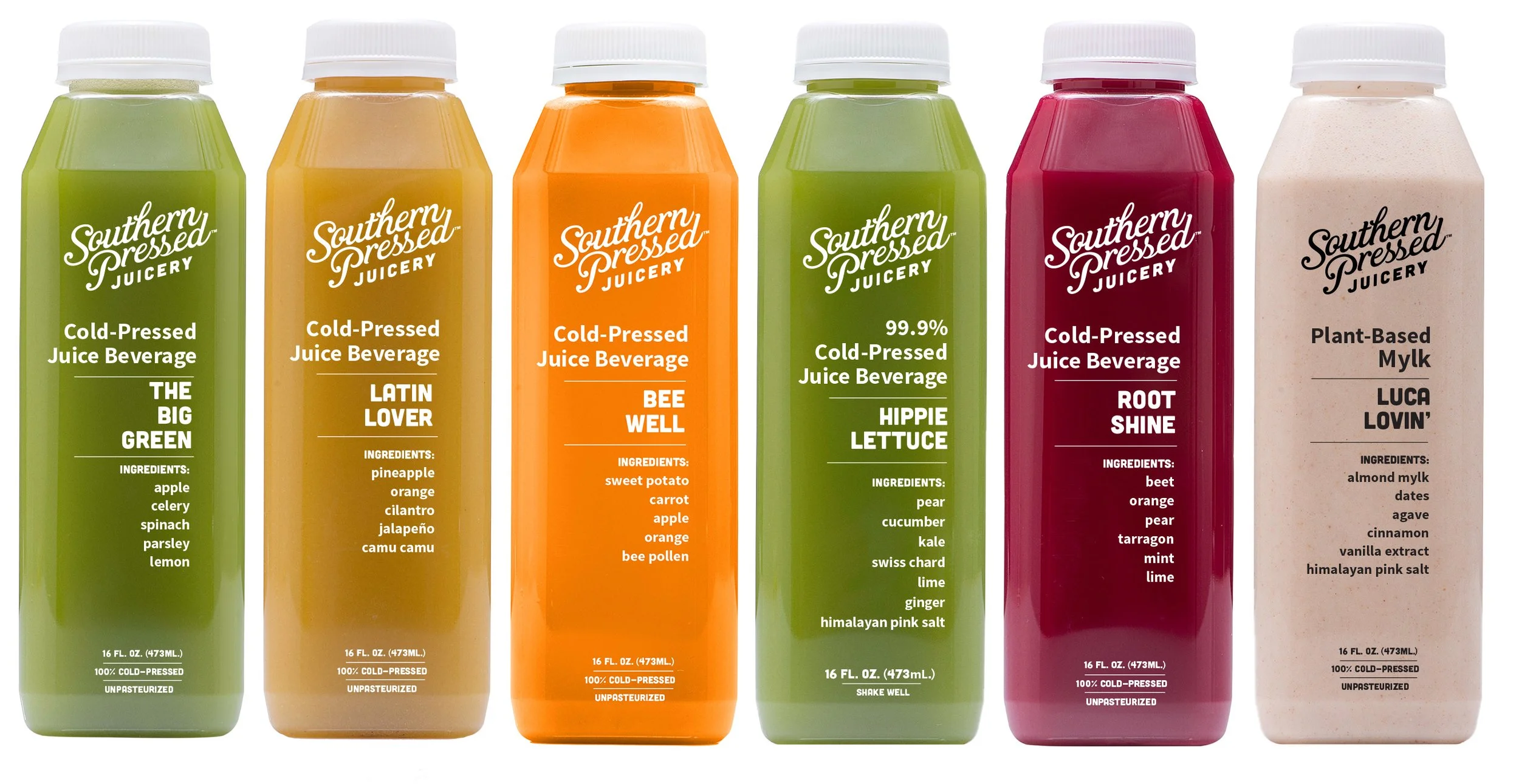 Six bottles of cold-pressed juice from Southern Pressed Juicery, each with white caps, featuring different colors and labels with flavors and ingredients listed.