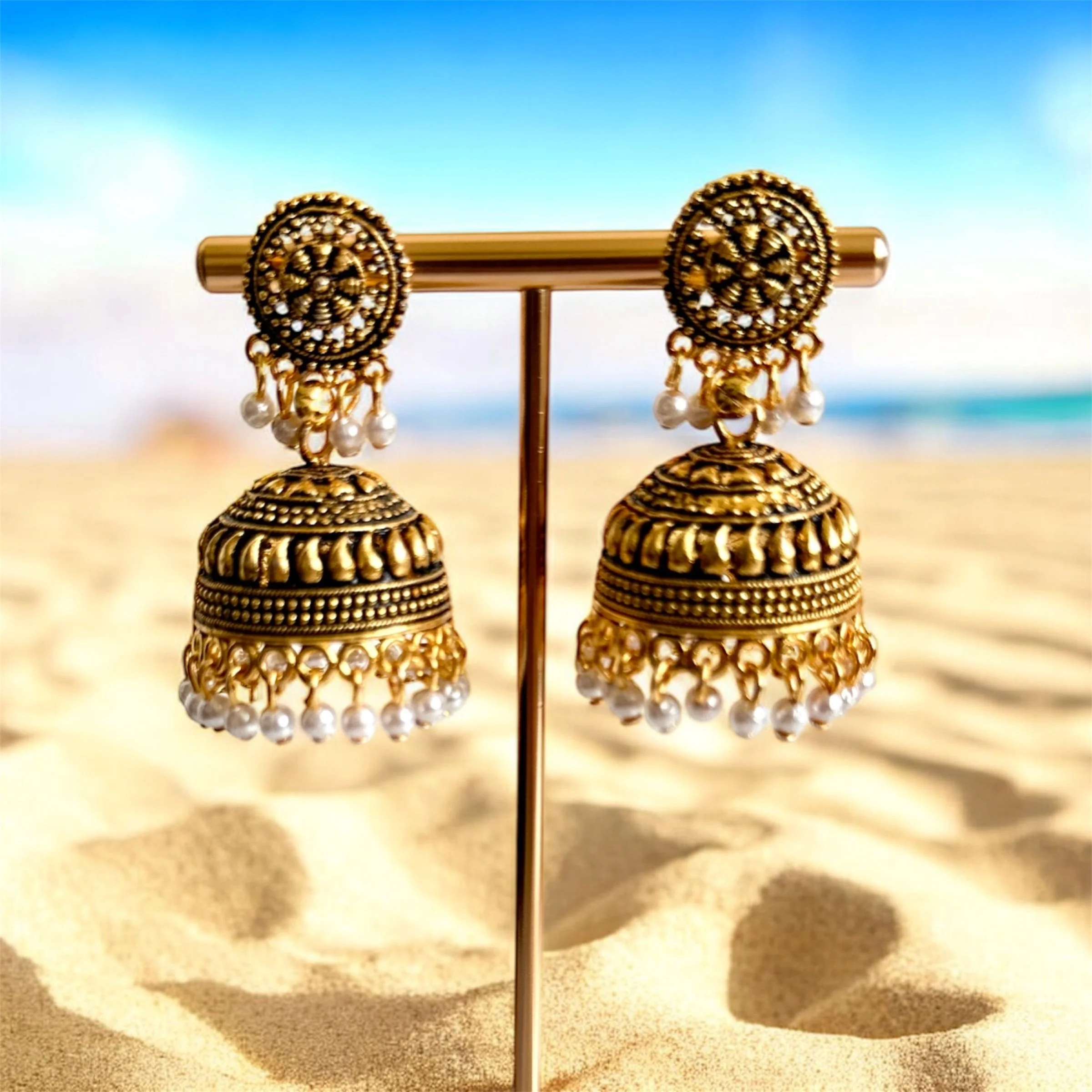 Antique white beaded Jhumkhas