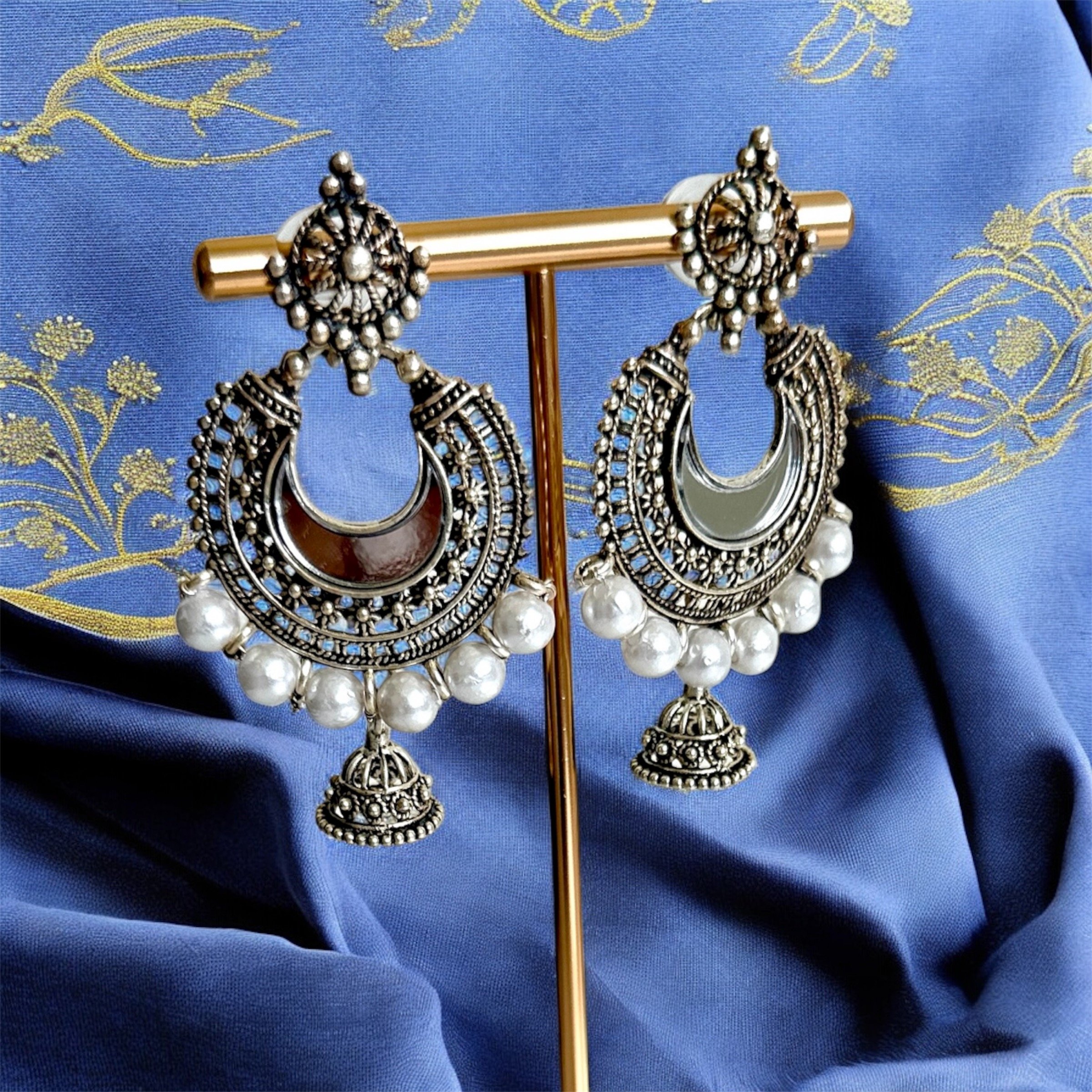 Oxidized Chandbali earrings w/ pearl beads