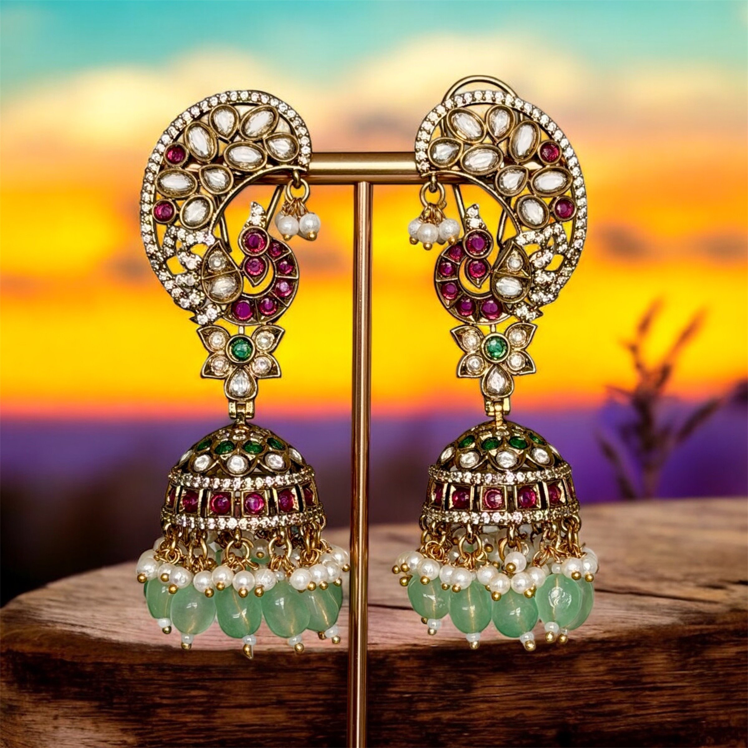 Mint long earrings w/ ear cap