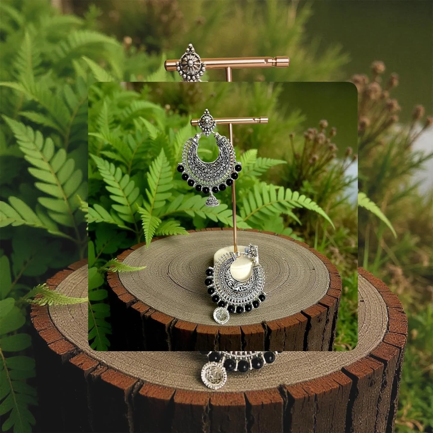 Oxidized Chandbali Earrings w/ Black Beads