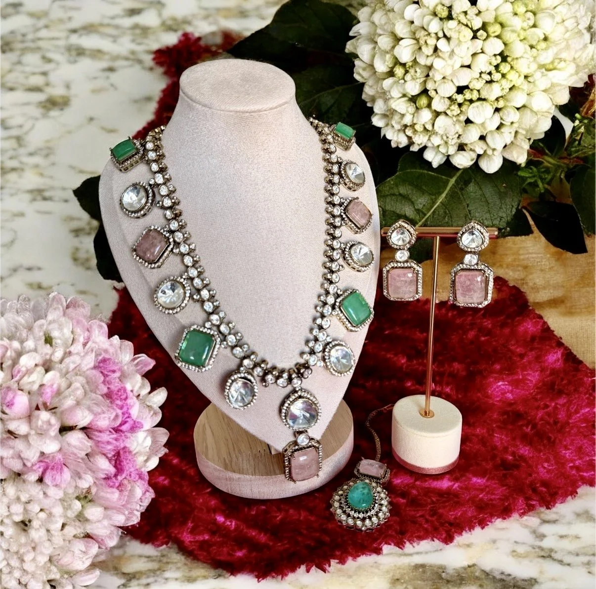 Multi color polki long set with maangtikka