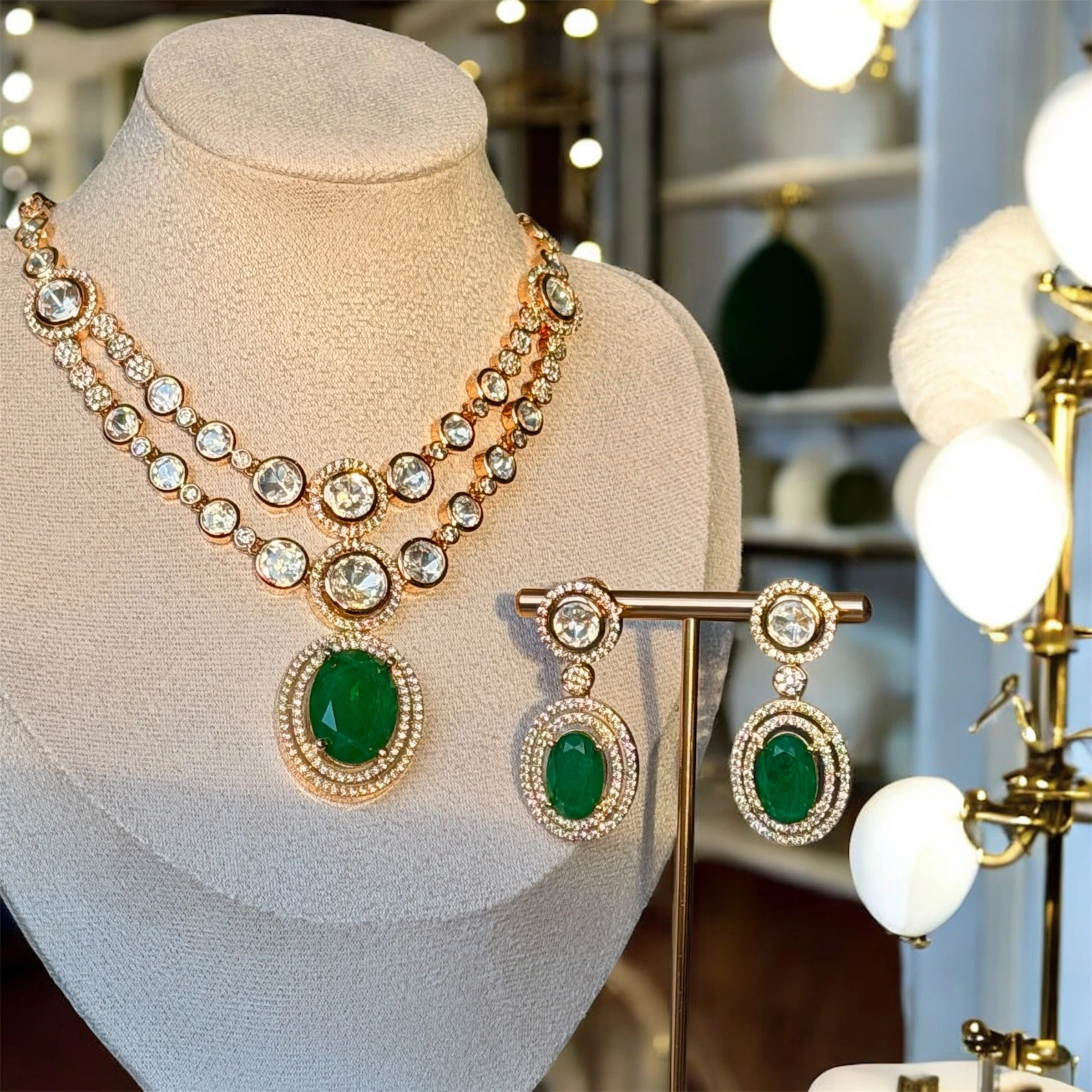 Green / clear double chain long necklace set