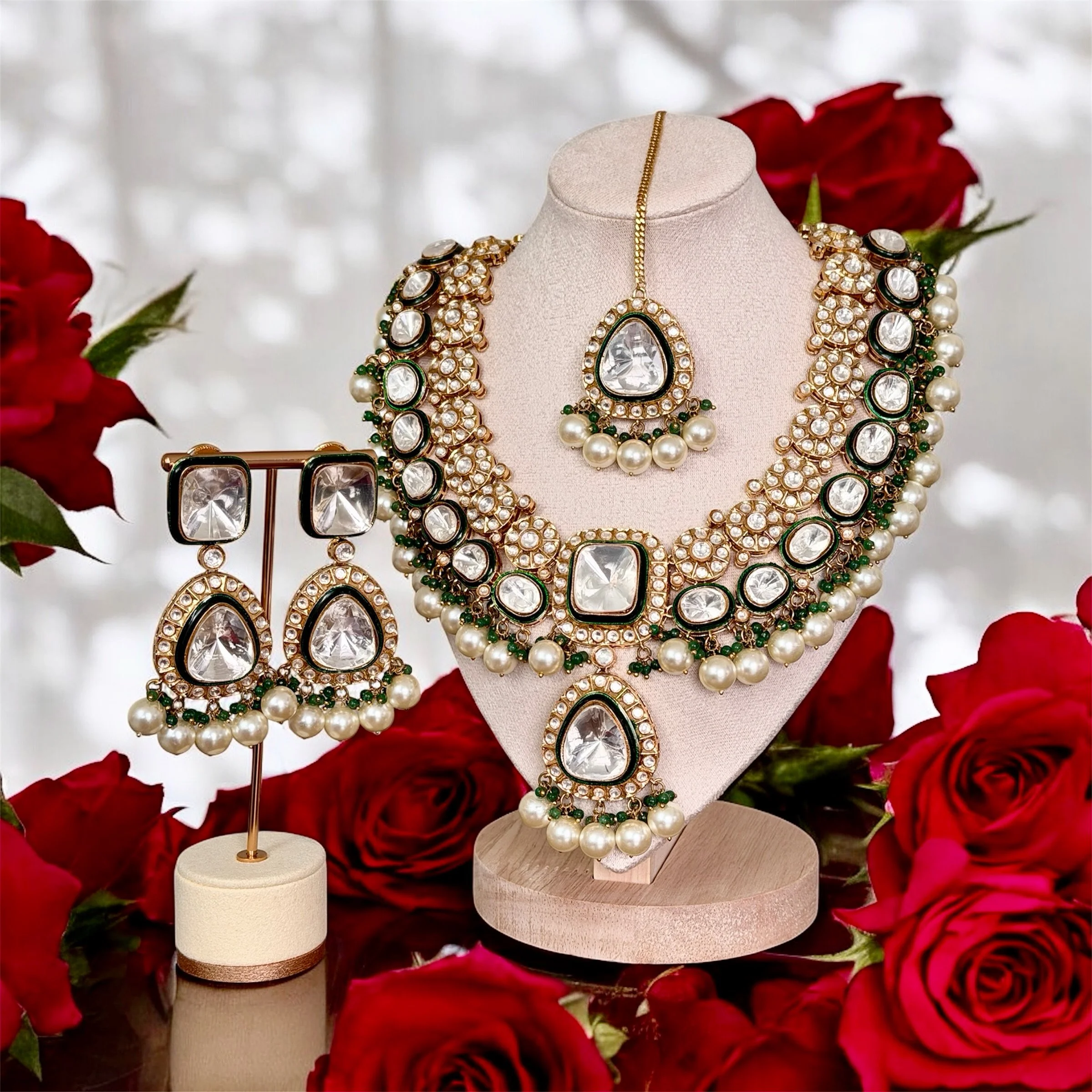 Bridal Green Polki w/ maang tikka