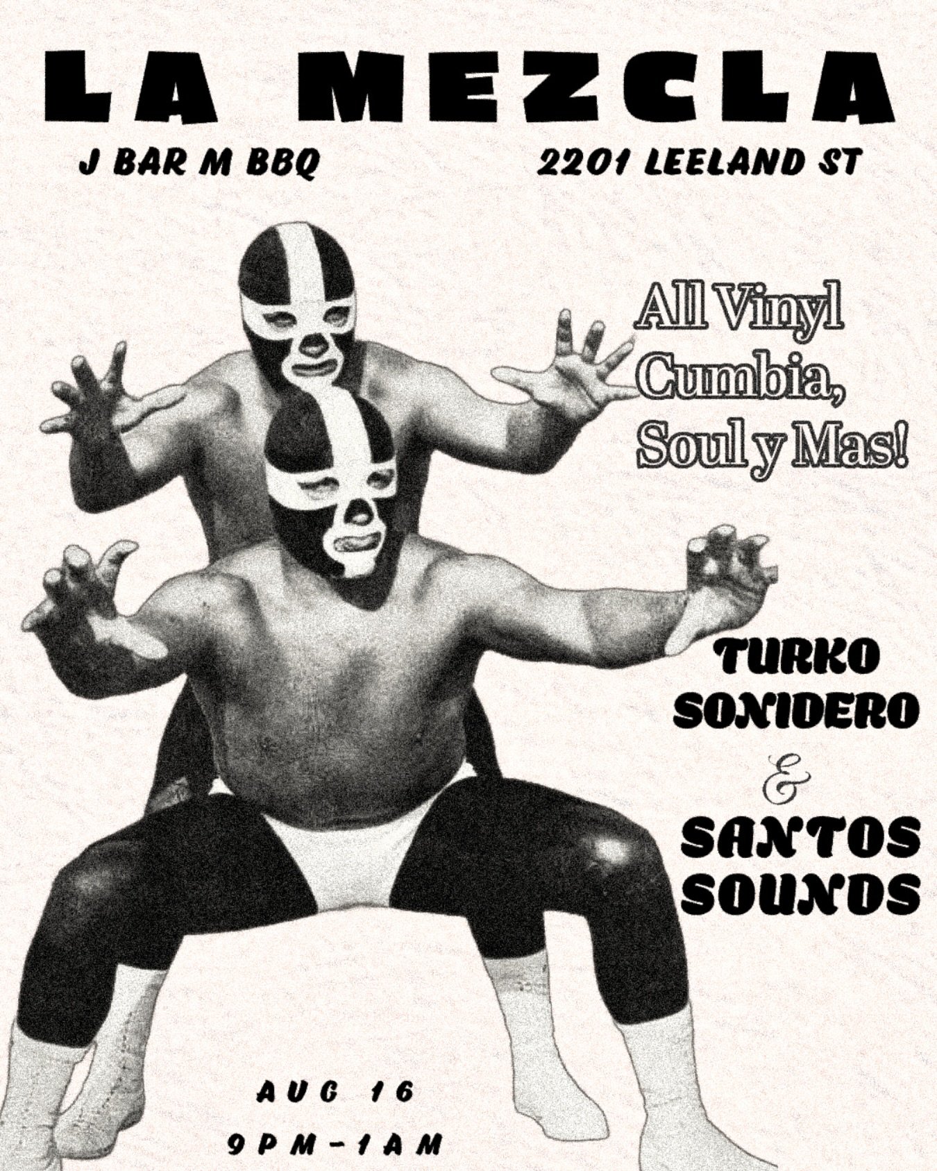 QVOLE BANDITA🎺🪗

This Saturday @santosounds &amp; @elturko_sonidero bring LA MEZCLA to @jbarmbbq 

Come kick it &amp; listen to anything from cumbia, rock en espanish, chicano soul y un poquito de todo on all vinyl!

NOS VEMOS!
Aug 16
9-1AM
ALL AGE