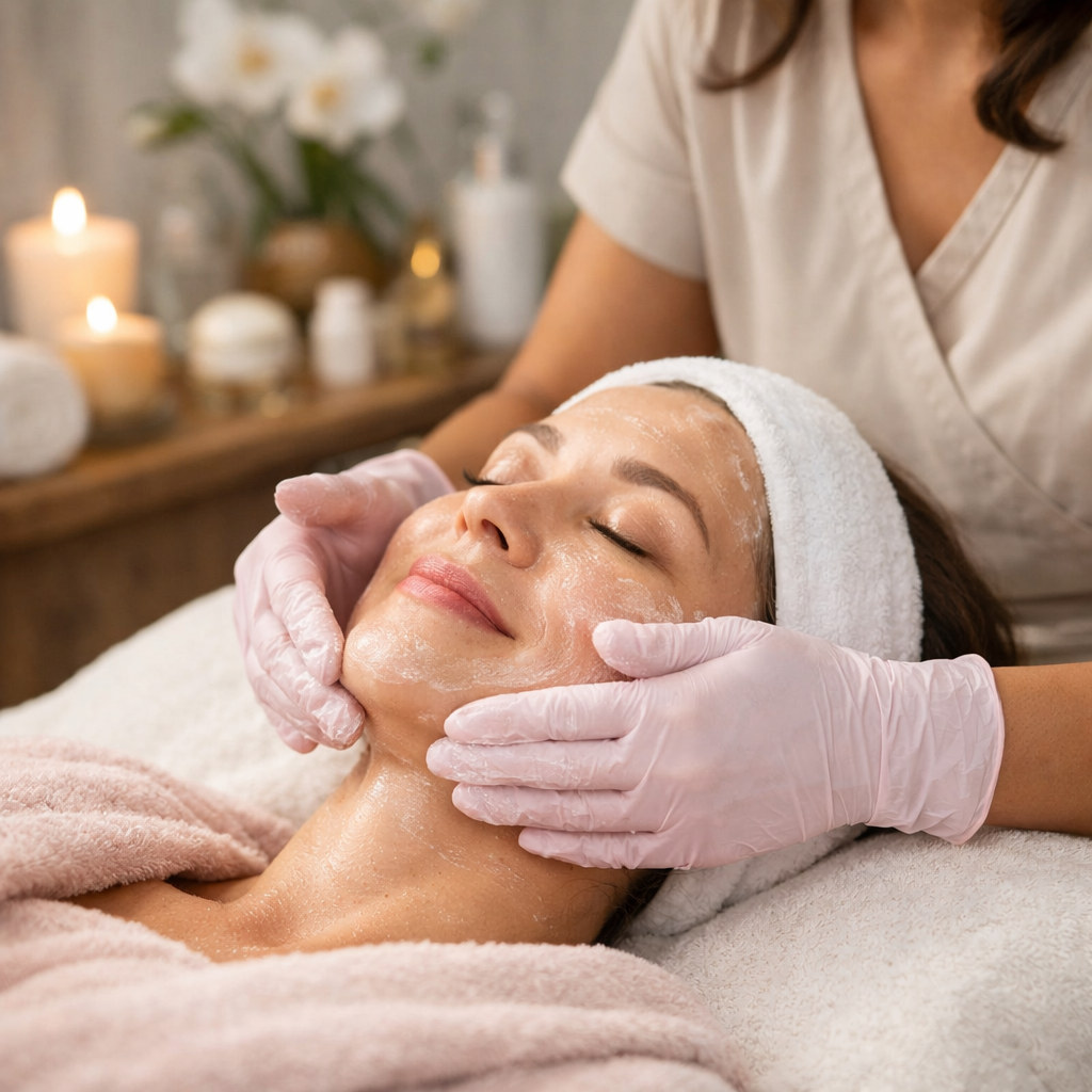 A woman is receiving a facial treatment at a spa, lying down with her eyes closed, wearing a headband, while a esthetician applies product to her face.