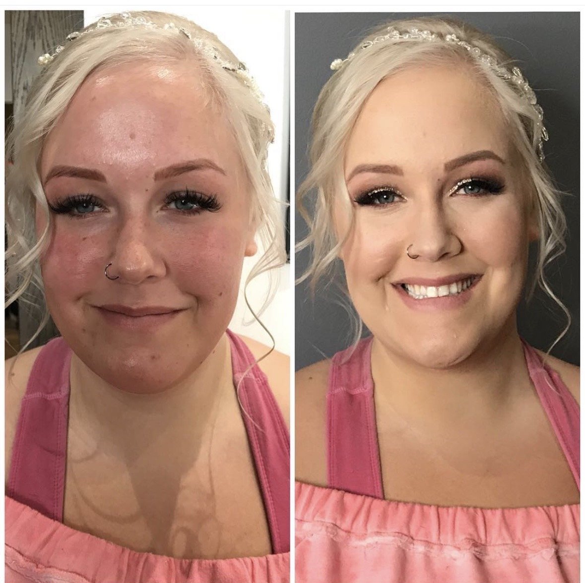 Side-by-side comparison of a woman before and after makeup and skincare; the woman has blonde hair, wears a pink top, and is smiling in both images.