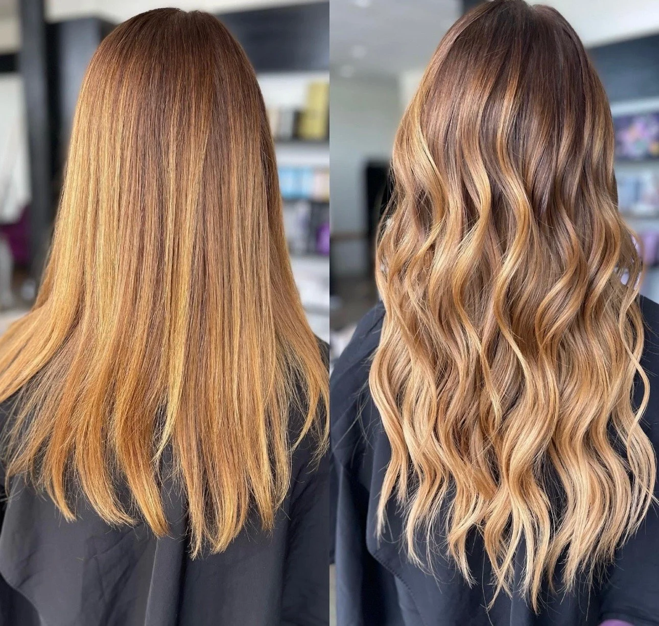 Side-by-side comparison of a woman's hair before and after a transformation. The left shows straight, light brown hair, and the right shows the same hair styled in loose, wavy, blonde highlights.