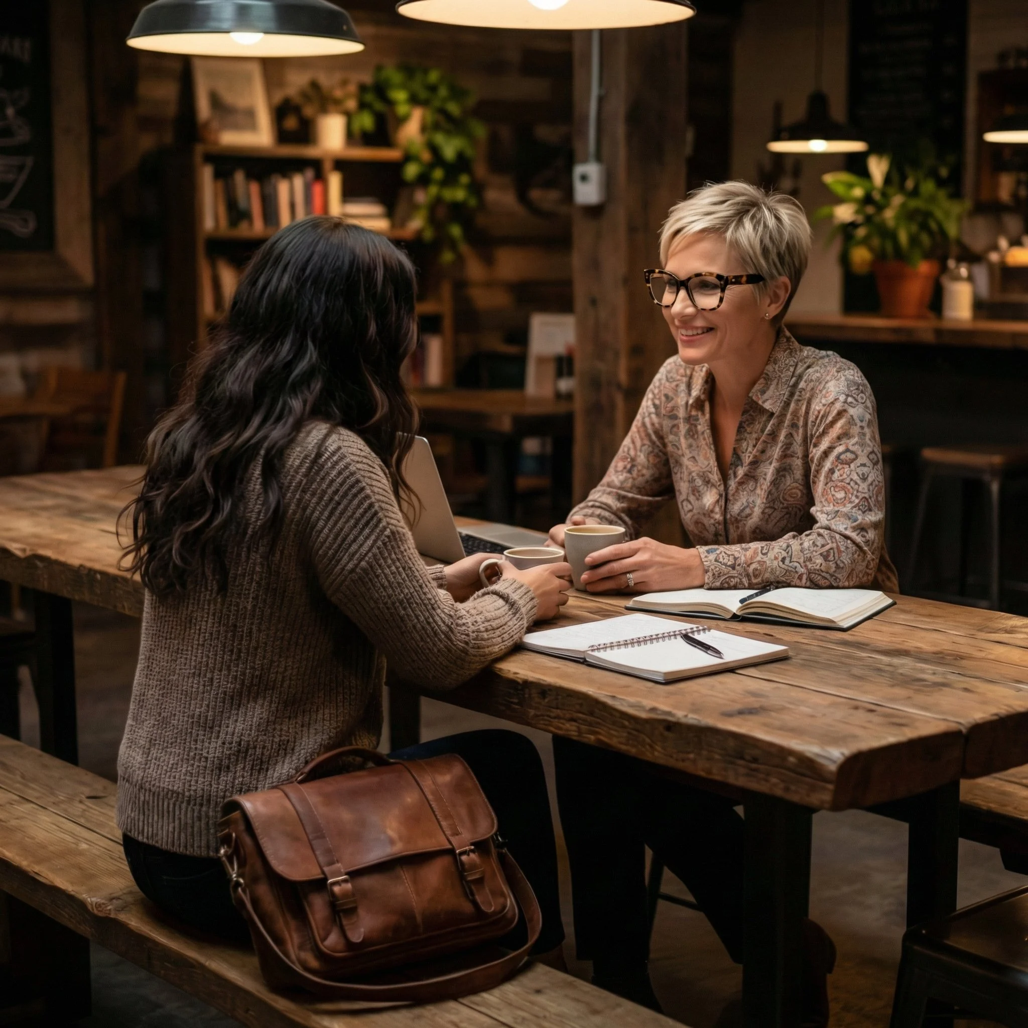 Zwei Frauen sitzen an einem Holztisch in einem gemütlichen Café, lächeln und unterhalten sich, während sie Kaffee trinken. Sie haben Notizbücher und einen Laptop vor sich.