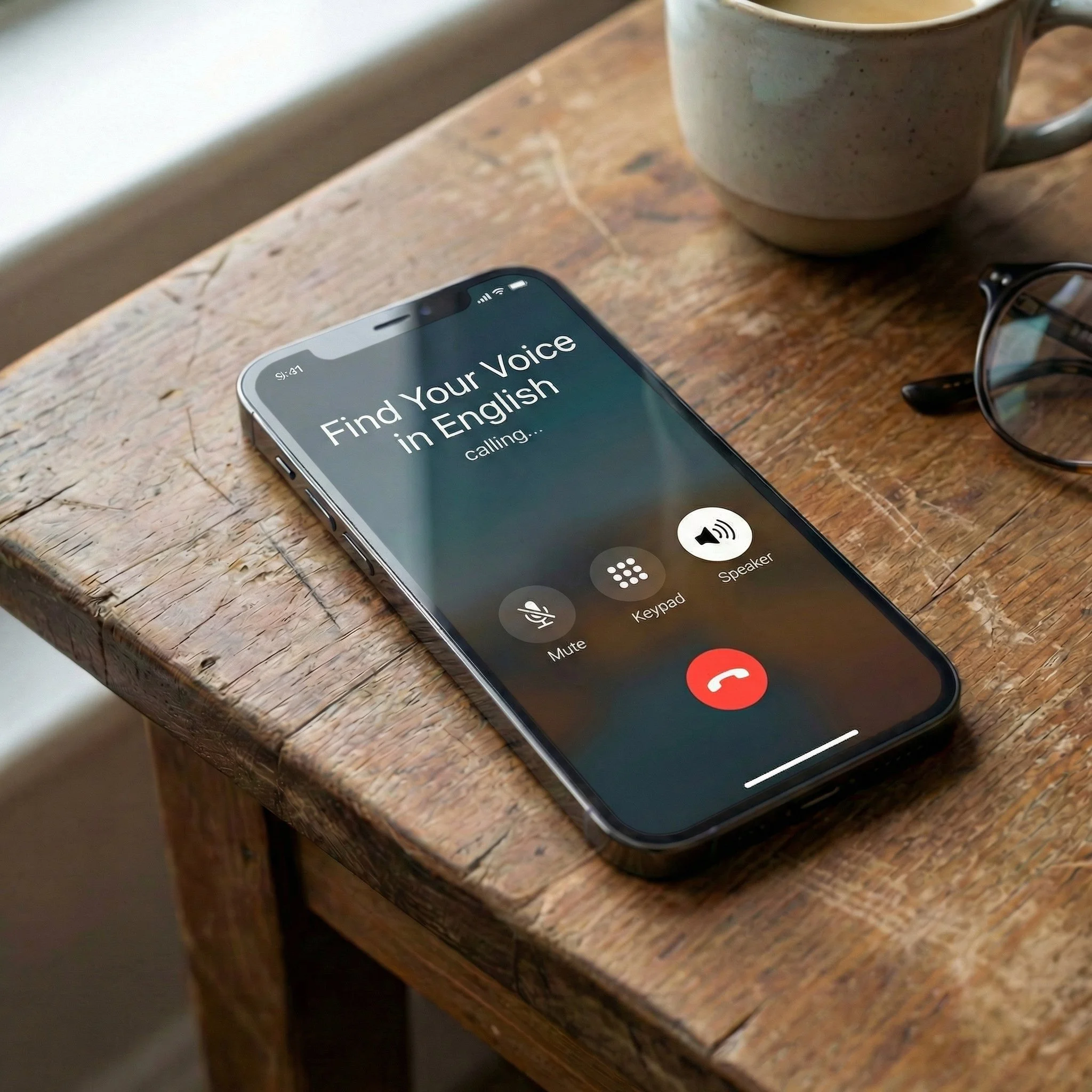 Ein Smartphone zeigt einen eingehenden Anruf mit der Aufforderung 'Find Your Voice in English'. auf einem Holztisch, daneben eine Tasse und eine Brille.
