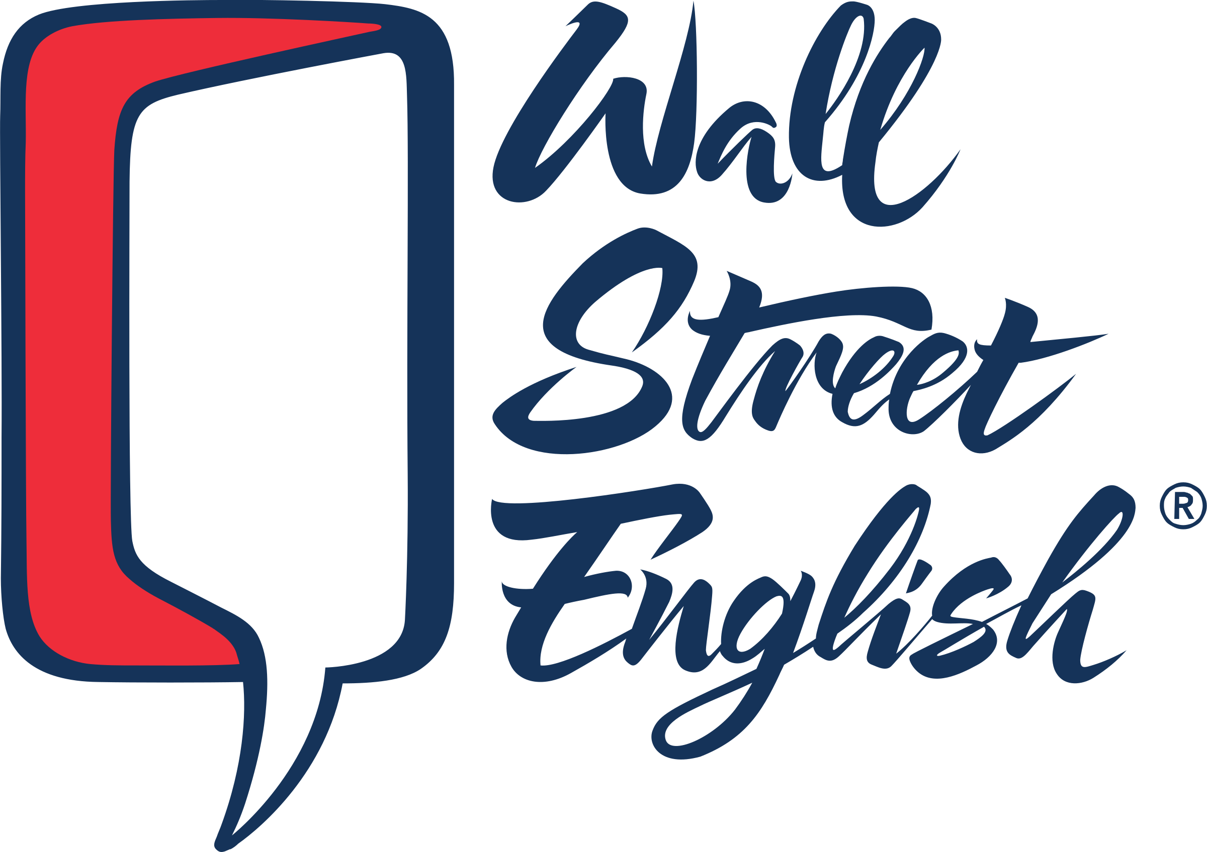 Logo mit einem roten und blauen Textblase und der Aufschrift 'Wall Street English' in blauer, handschriftlicher Schrift.