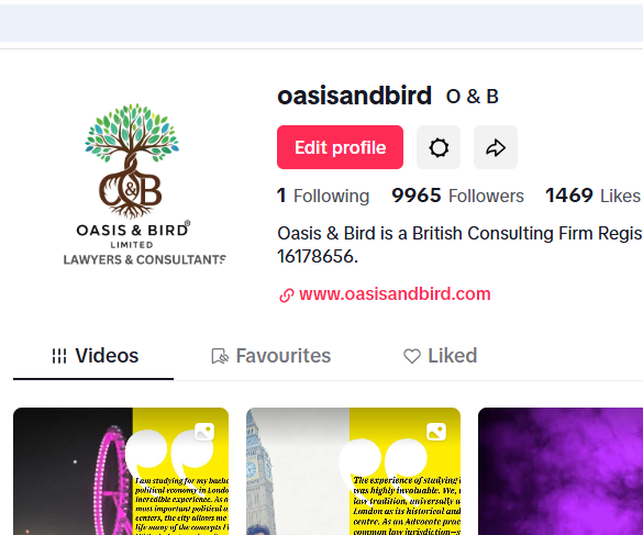Social media profile page for Oasis & Bird, a British consulting firm with logo featuring a tree and the initials O&B, showing profile picture, followers, likes, and posts.