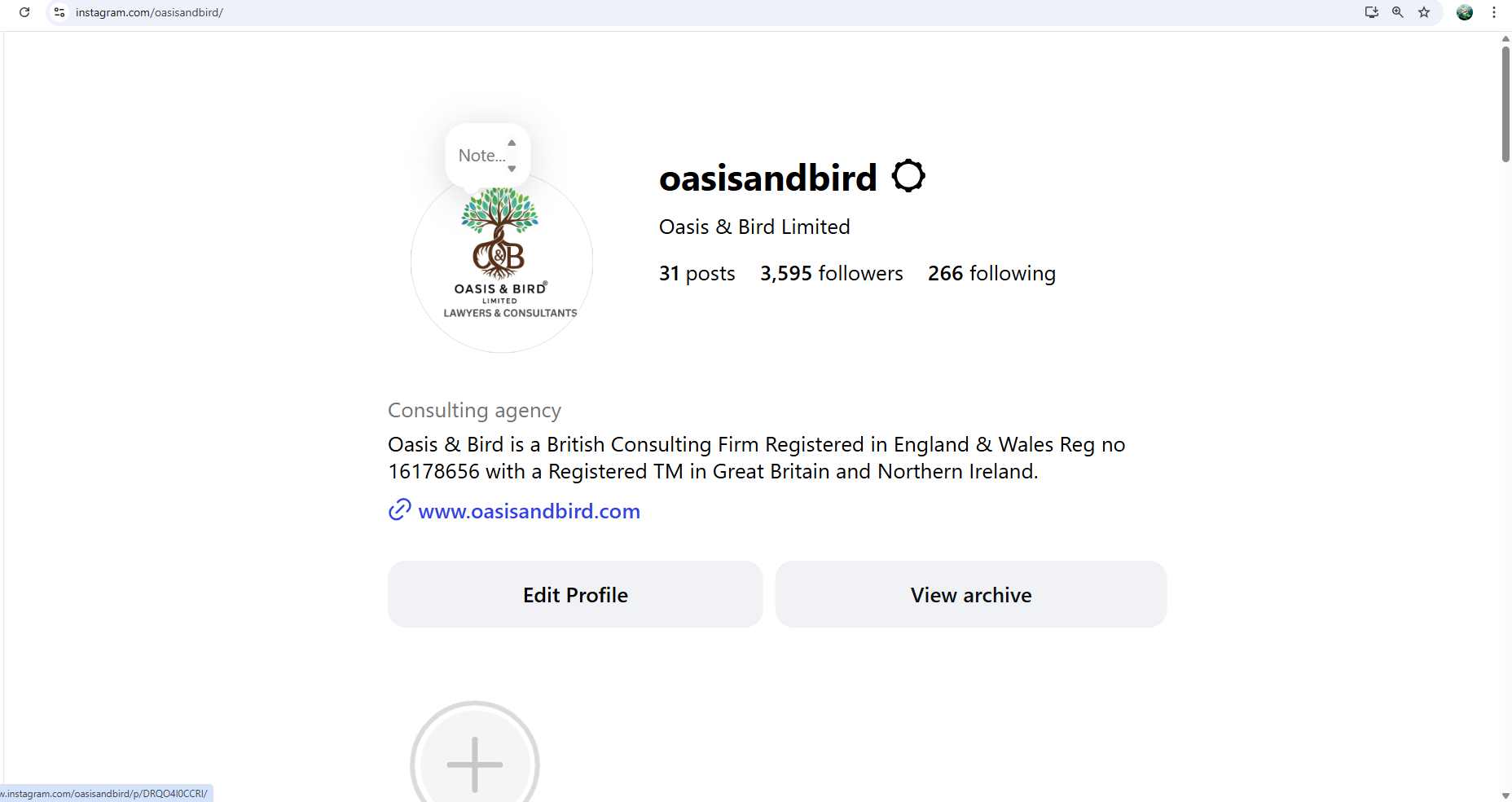 Instagram profile page for oasisandbird, a British consulting firm, showing profile picture, username, bio, website link, and options to edit profile or view archive.