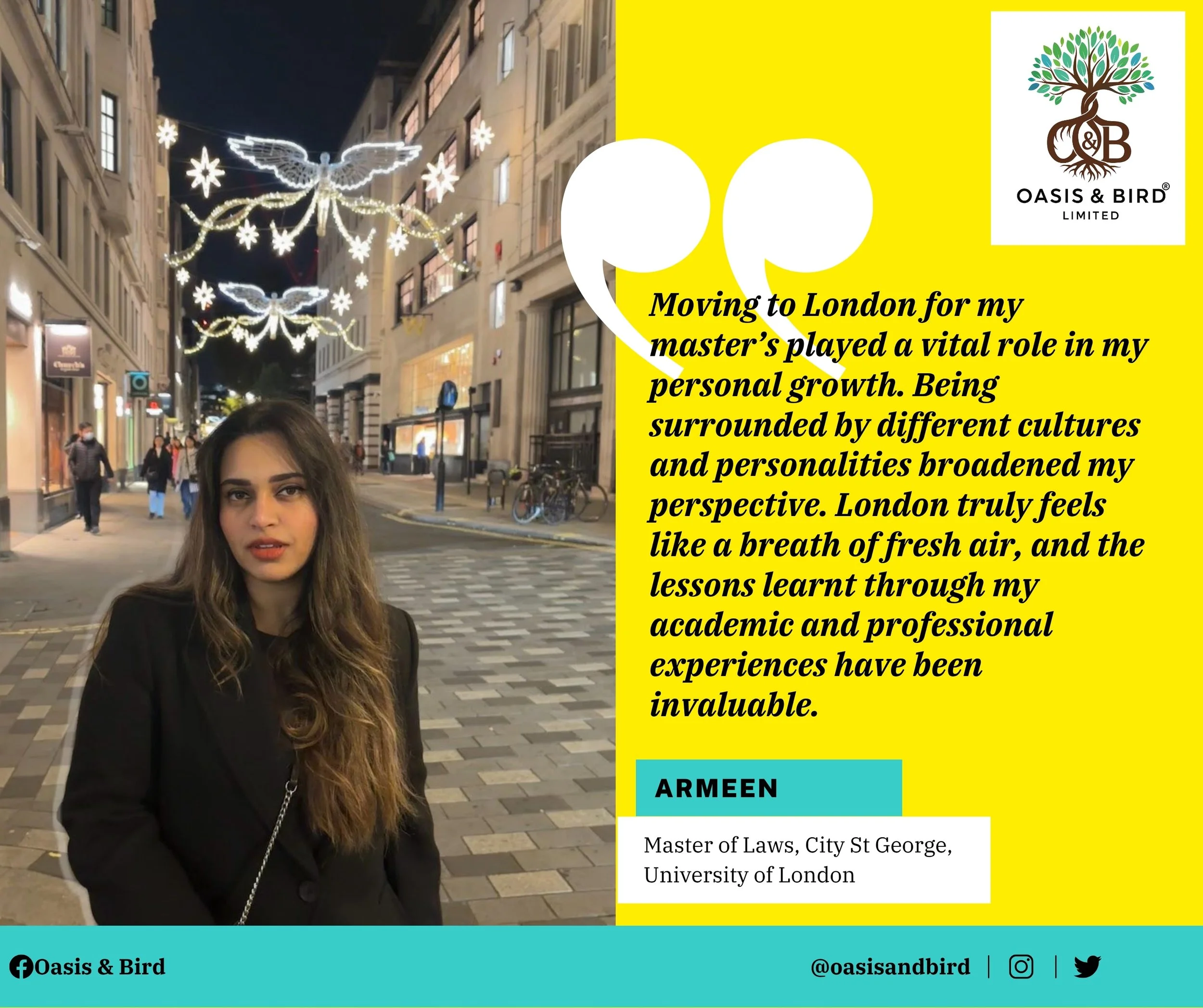 A young woman standing on a city street at night, decorated with illuminated holiday ornaments, with shop windows and other pedestrians in the background.