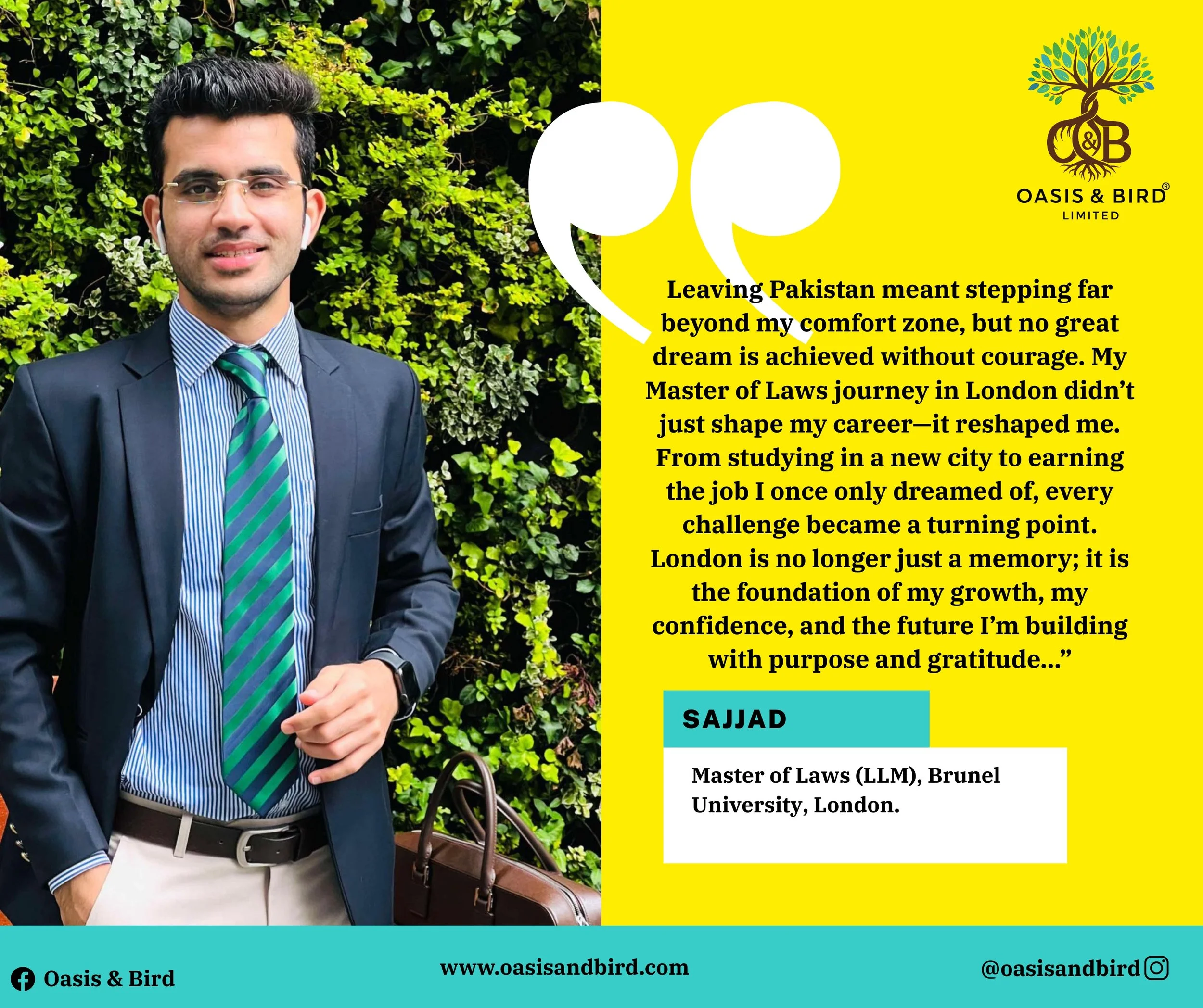 A young man in a suit with glasses and a striped tie, standing outdoors in front of leafy green bushes, smiling at the camera. The right side features a yellow background with a quote, a logo of a tree with the initials 'O & B', and his name Sajjad with his educational background, along with contact details at the bottom.