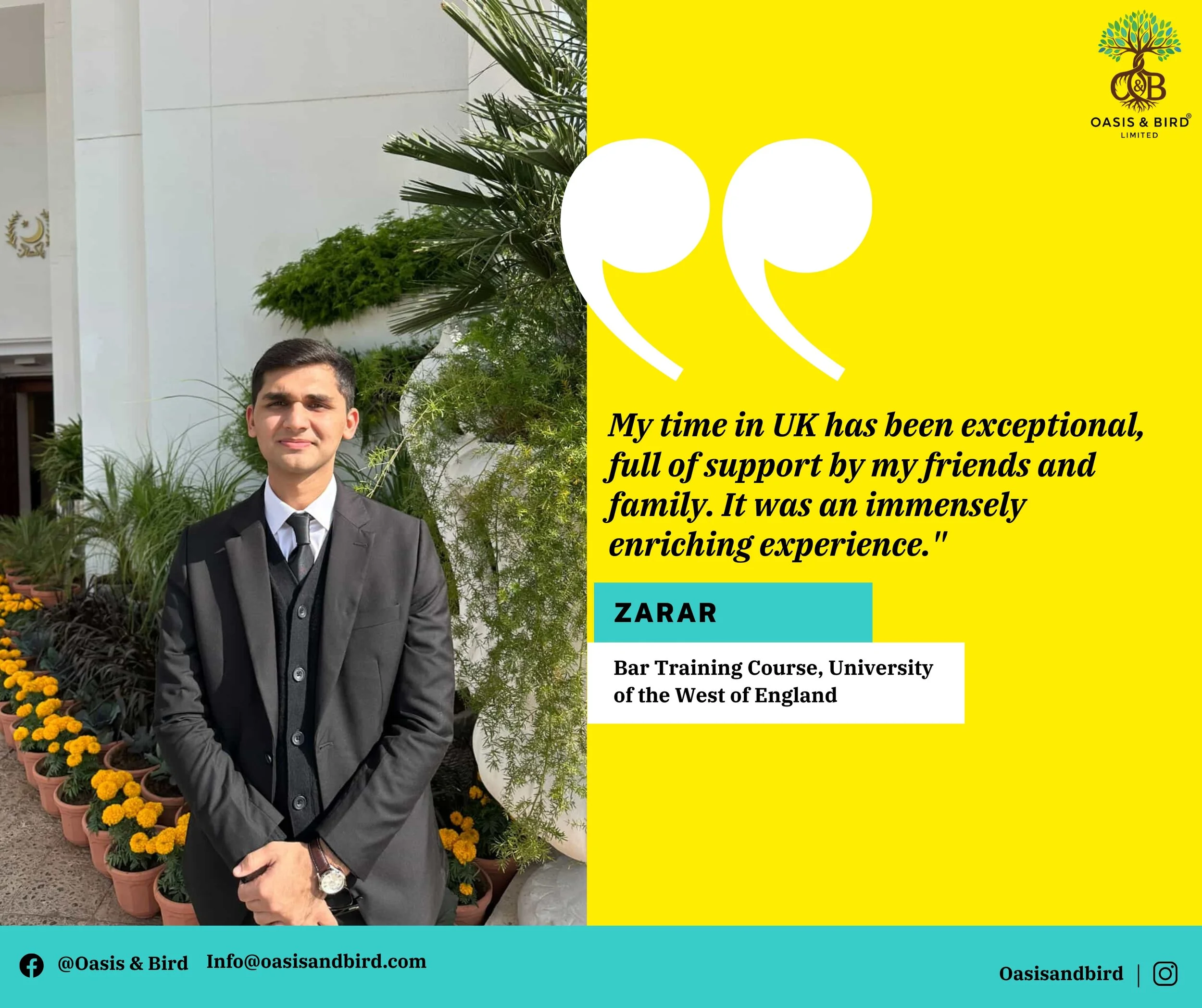 A young man dressed in a black suit, white shirt, and tie stands outdoors among potted yellow flowers and green foliage, in front of a white building, with a yellow and blue graphic overlay containing a quote and contact information.