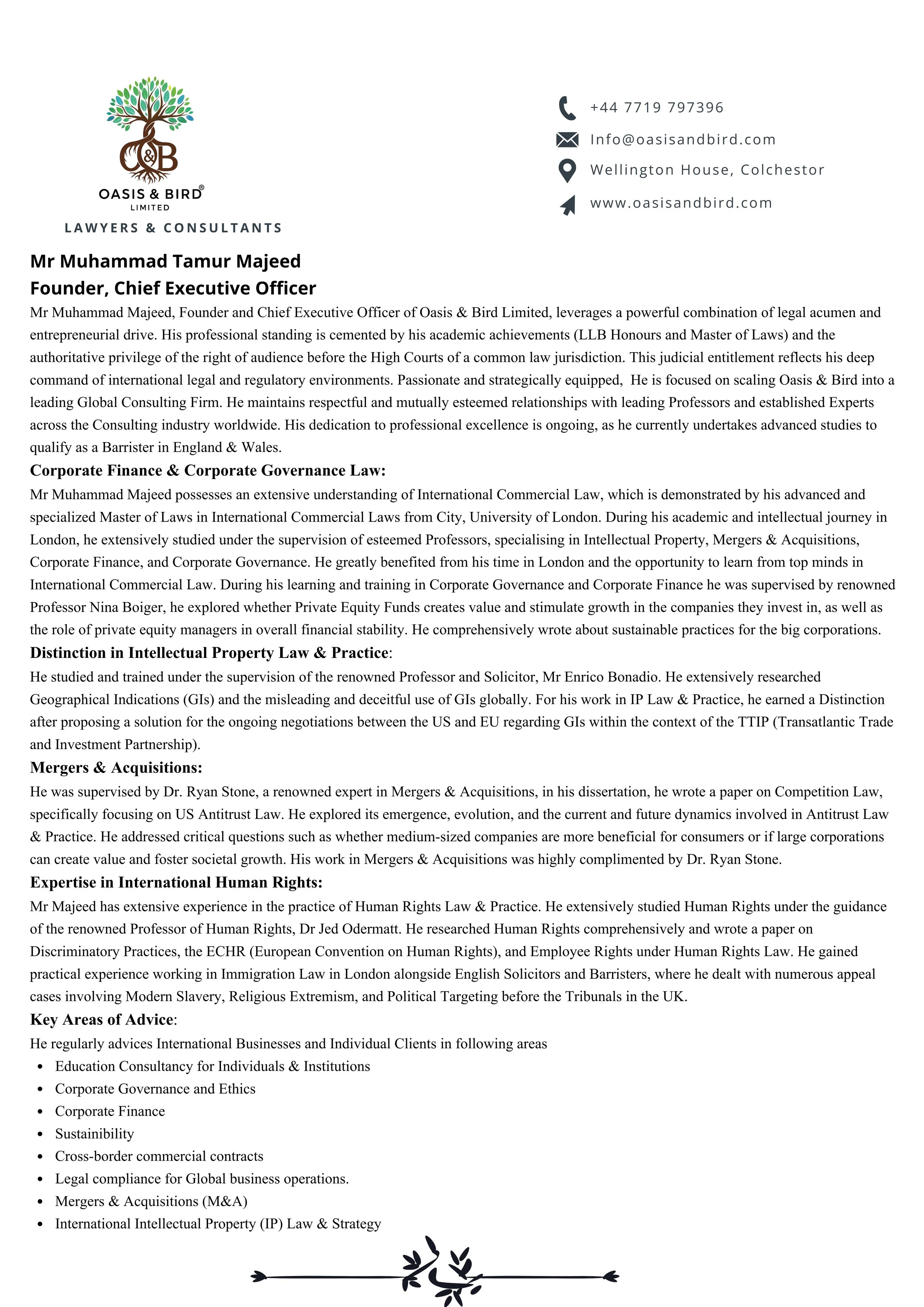 A professional business profile document for Mr. Muhammad Tamur Majeed, Founder and Chief Executive Officer of Oasis & Bird Limited, featuring the company logo with a tree, contact information, and a detailed biography highlighting his expertise in law, corporate governance, intellectual property, and human rights, with sections on key areas of advice and professional achievements.