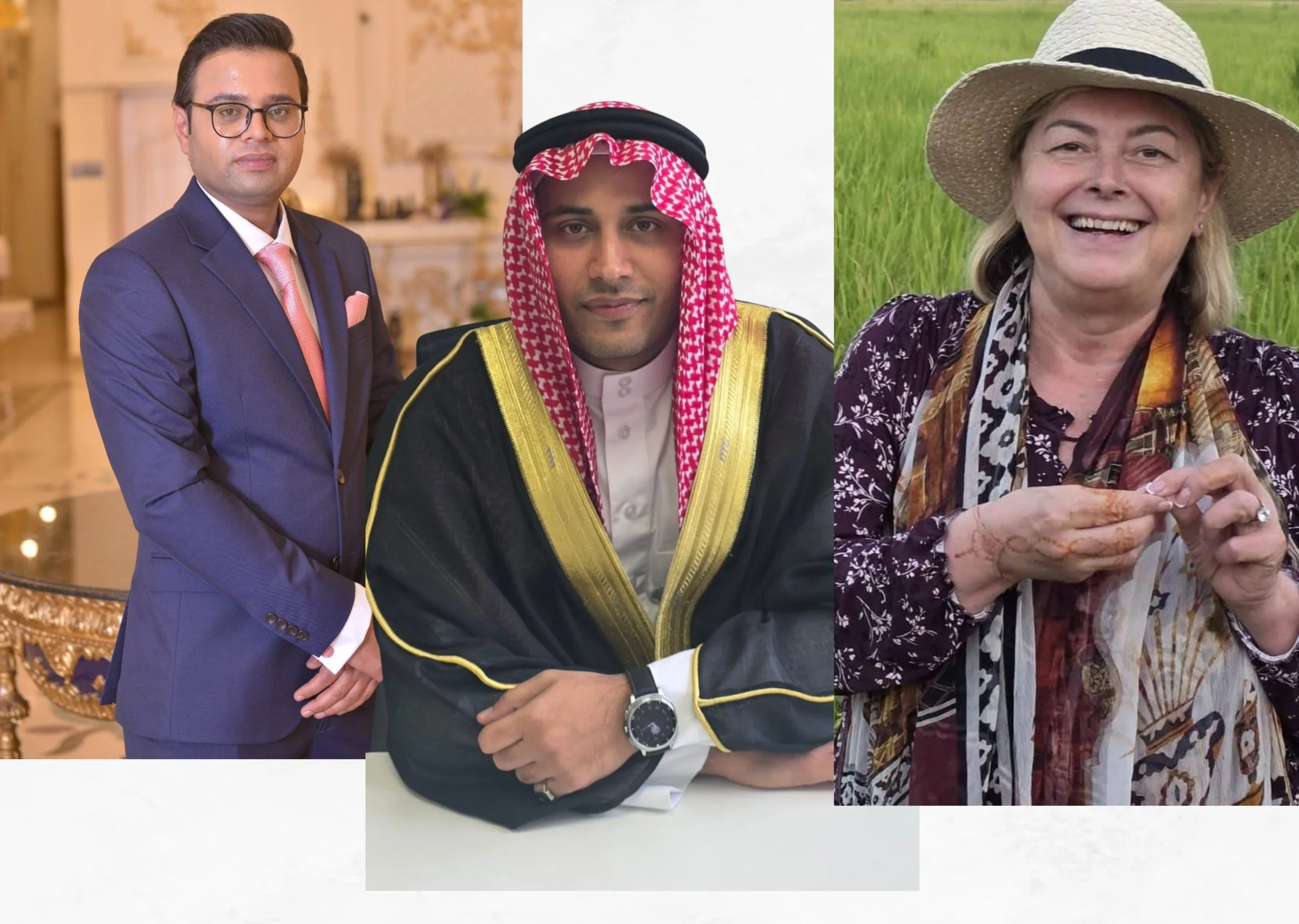 Three people standing together, with two men in suits and a woman in a hat. The man on the left is wearing glasses and a blue suit with a pink tie, the man in the middle is dressed in traditional Middle Eastern attire with a red and white keffiyeh, black robe with gold trim, and a white shirt, and the woman on the right is smiling, wearing a wide-brimmed straw hat and a colorful scarf, holding something in her hands outdoors in a green field.