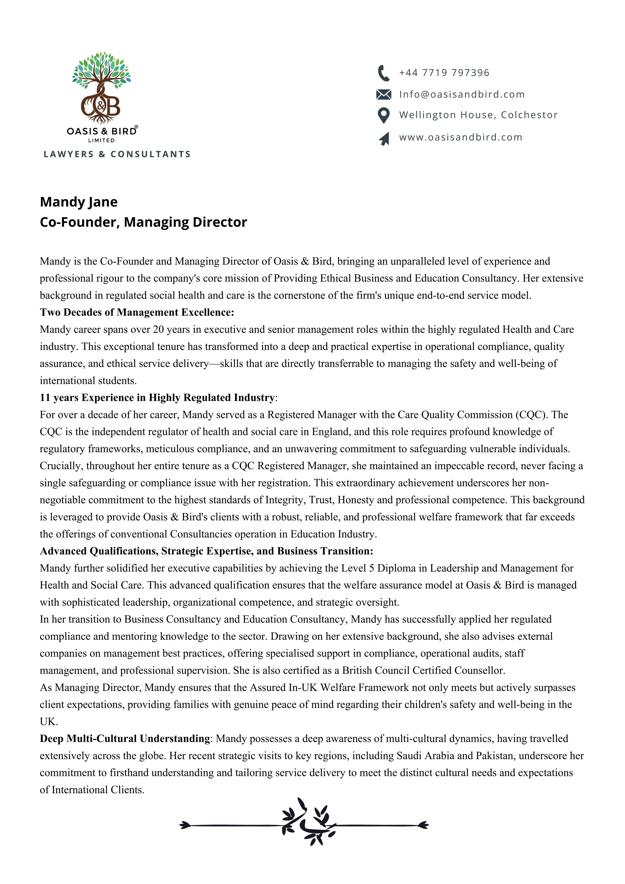 Business letterhead for Oasis & Bird Lawyers & Consultants, featuring a tree logo, contact info, and a professional profile for Mandy Jane.