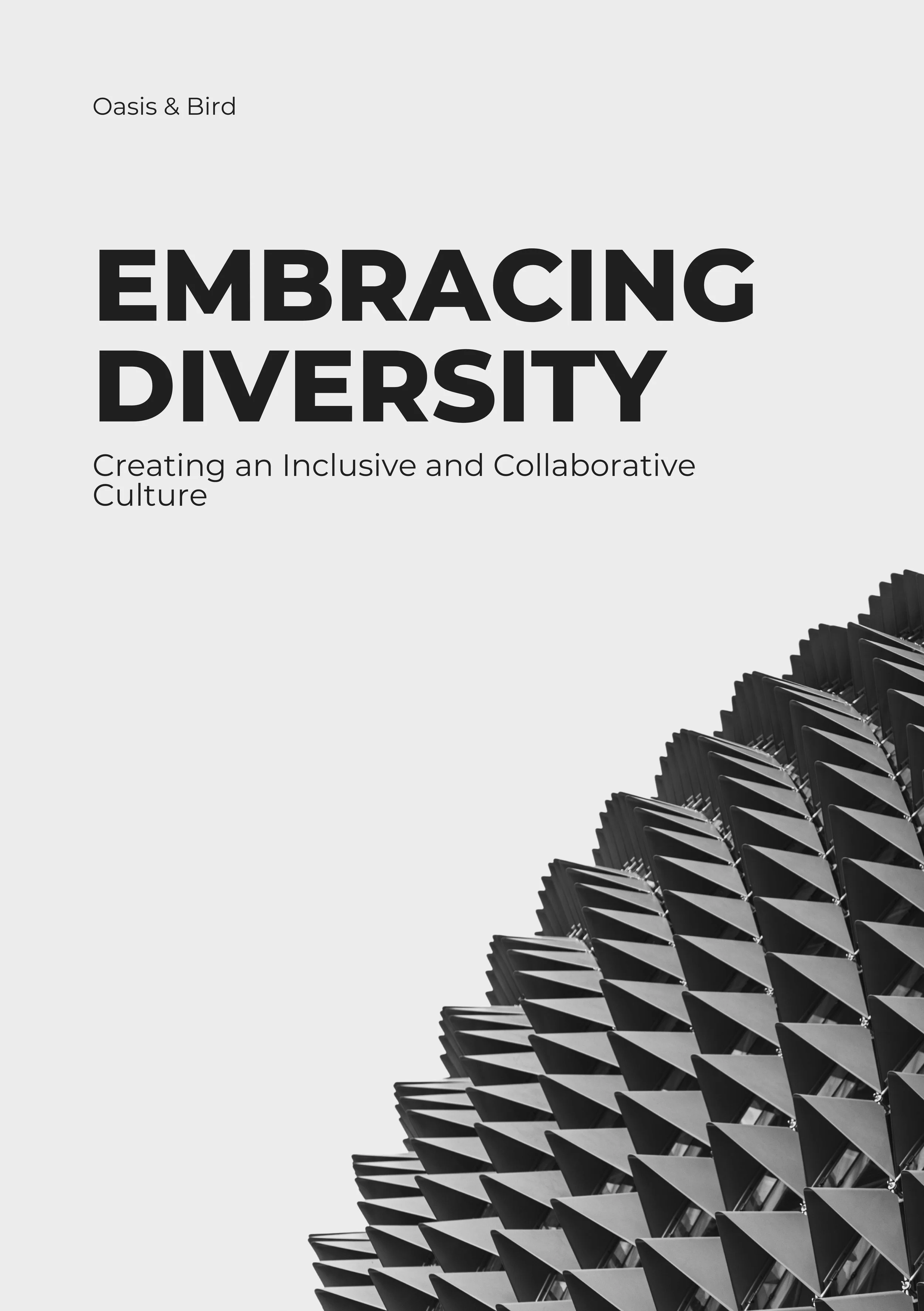 Cover page of a publication titled 'Embracing Diversity: Creating an Inclusive and Collaborative Culture' with a monochrome image of a modern building with geometric patterns.