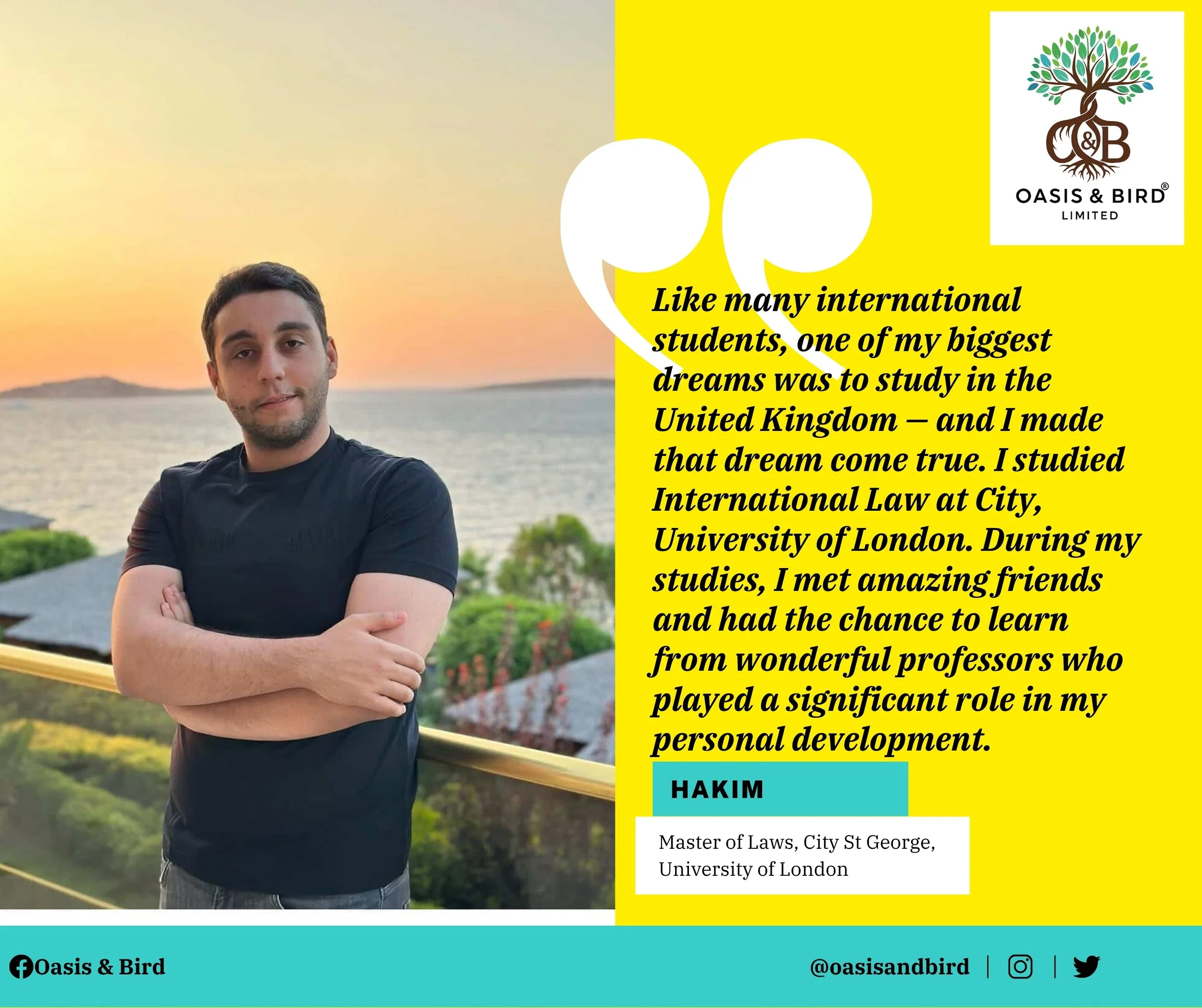 Young man standing near a balcony overlooking a lake at sunset, with a colorful sky and distant hills, with a yellow background section displaying a quote about studying in the United Kingdom and a logo for Oasis & Bird Limited.