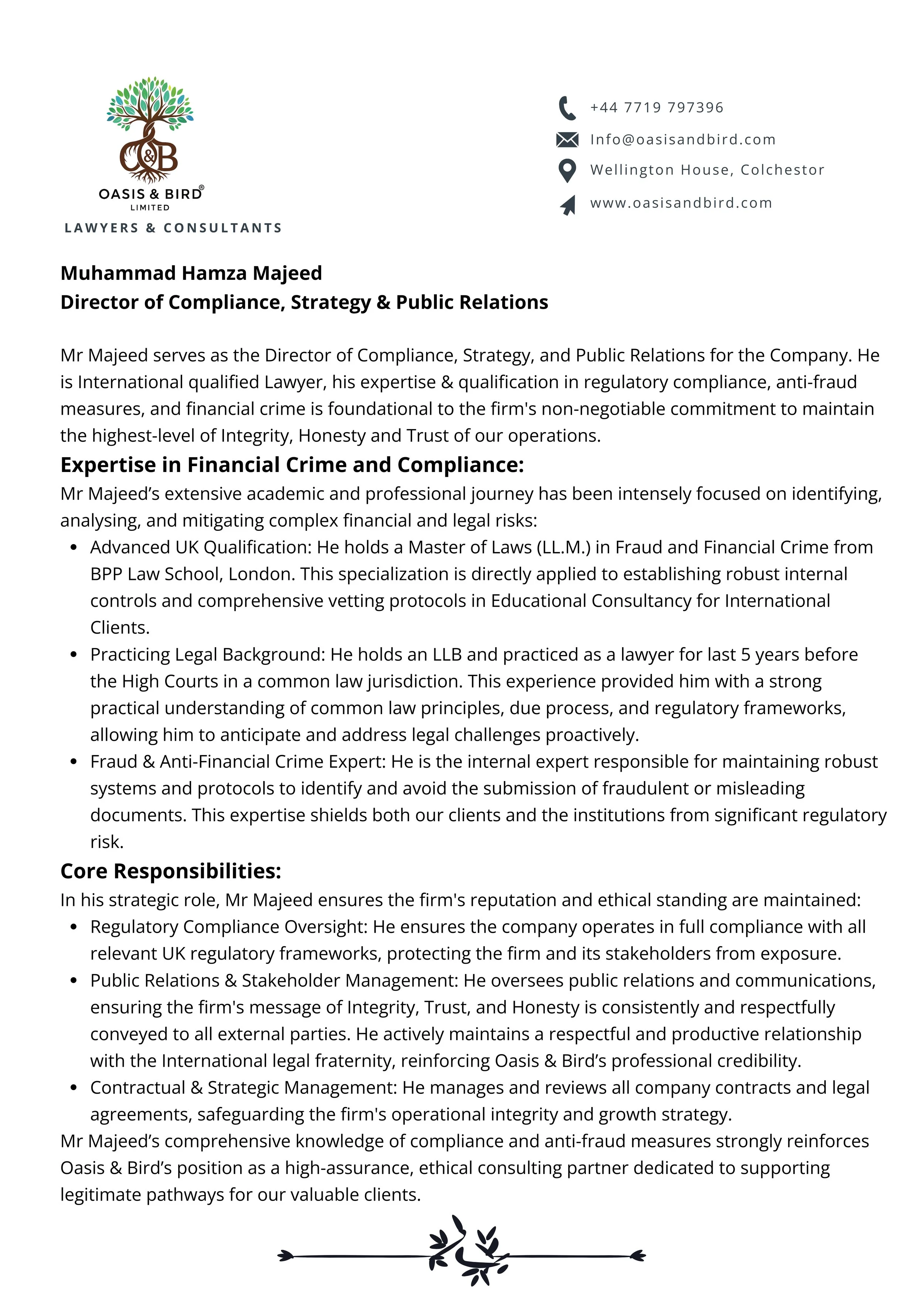 Business card and professional profile of Muhammad Hamza Majeed, Director of Compliance, Strategy & Public Relations at Oasis & Bird Limited, including contact info, company address, two paragraphs about expertise and responsibilities, and company logo with tree graphic.