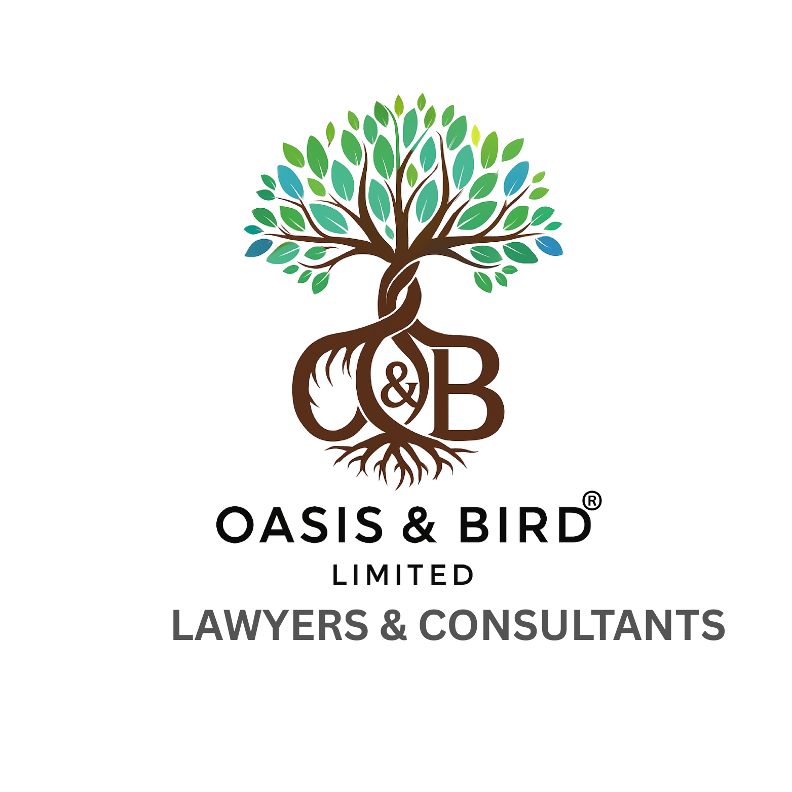 Logo for Oasis & Bird Limited Law Firm featuring a tree with green and blue leaves, intertwined roots, and the name 'Oasis & Bird' with 'Limited Lawyers & Consultants' beneath.