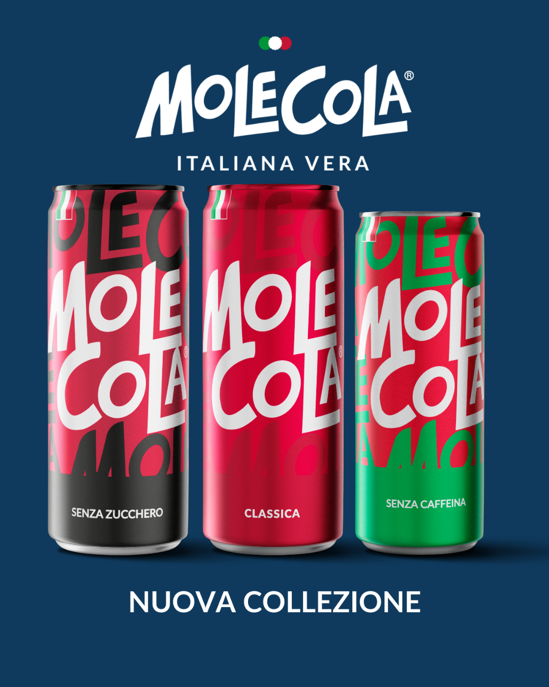 Image of three colorful cans of Molecola soda with Italian-themed packaging, featuring the words 'Senza Zucchero,' 'Classica,' and 'Senza Caffeina,' on a dark blue background, advertising a new collection.