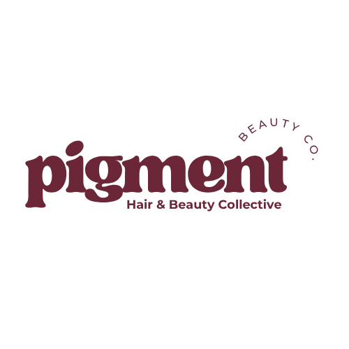 Logo for Pigment Beauty Co., Hair & Beauty Collective in dark purple with stylized text.