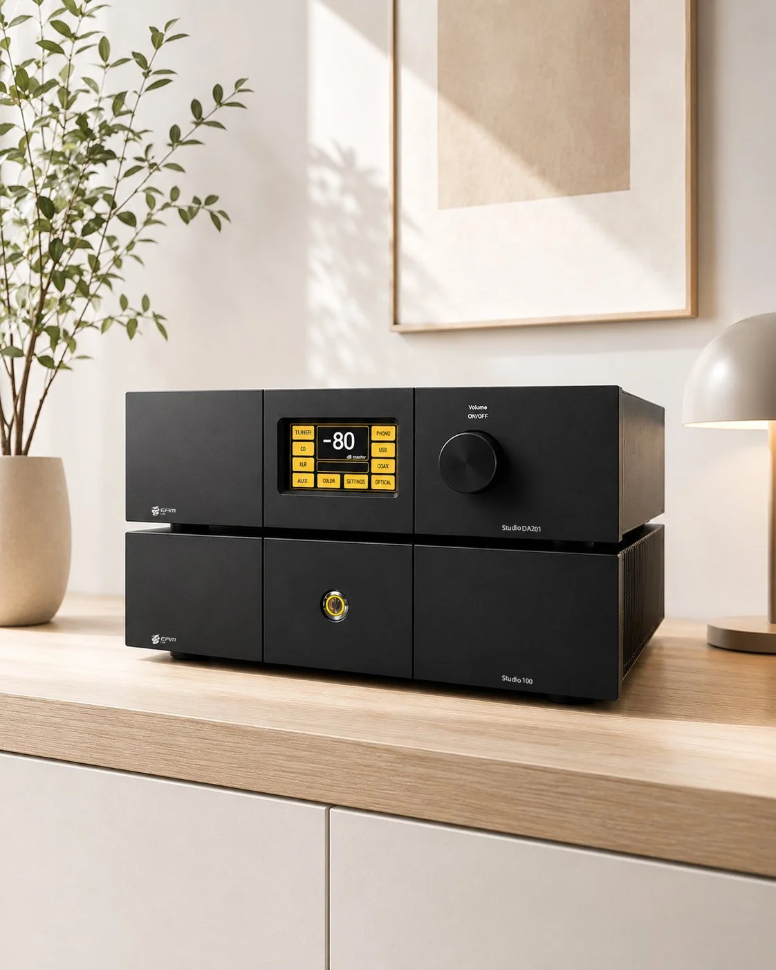 Stereo Hi-Fi nero con schermo digitale e manopola, posizionato su un mobile di legno chiaro, decorato con una pianta verde a sinistra e una lampada a destra, con quadro astratto appeso alla parete sullo sfondo.