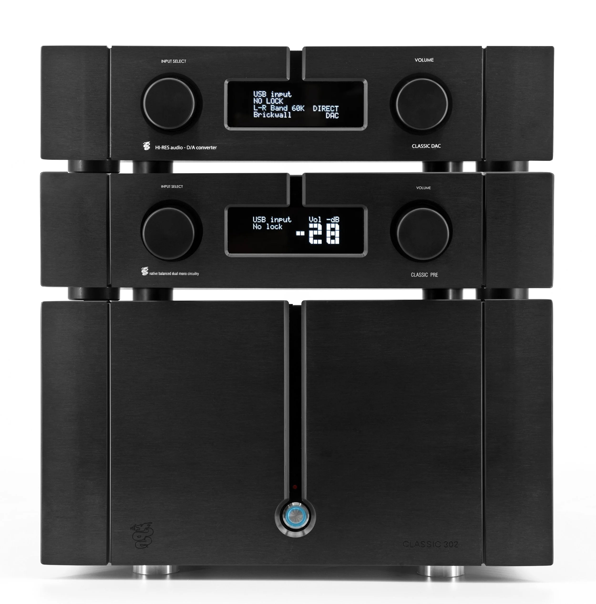 Amplificatore audio nero con display digitale, due manopole e pulsanti, e luci LED