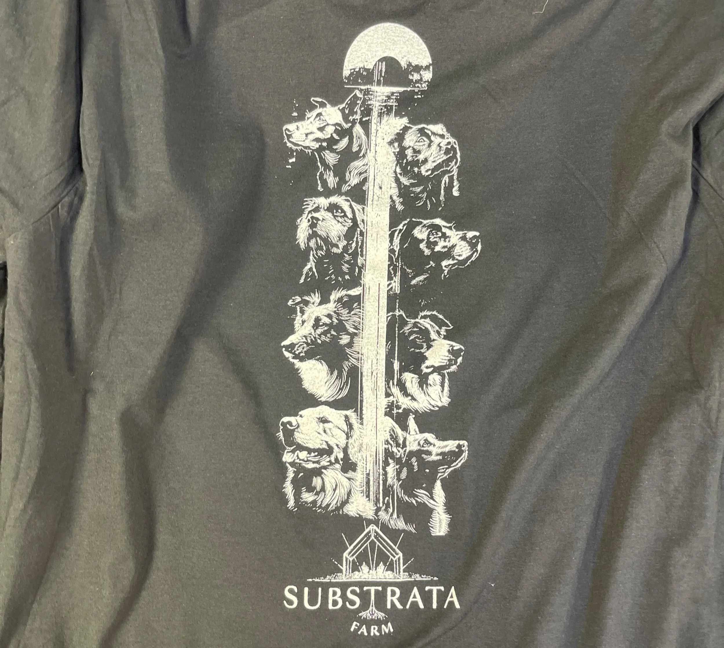 Single Colour, White Plastisol on Black T-Shirts for a music festival at Substrata Farms. Artwork features all the farm dogs past and present.