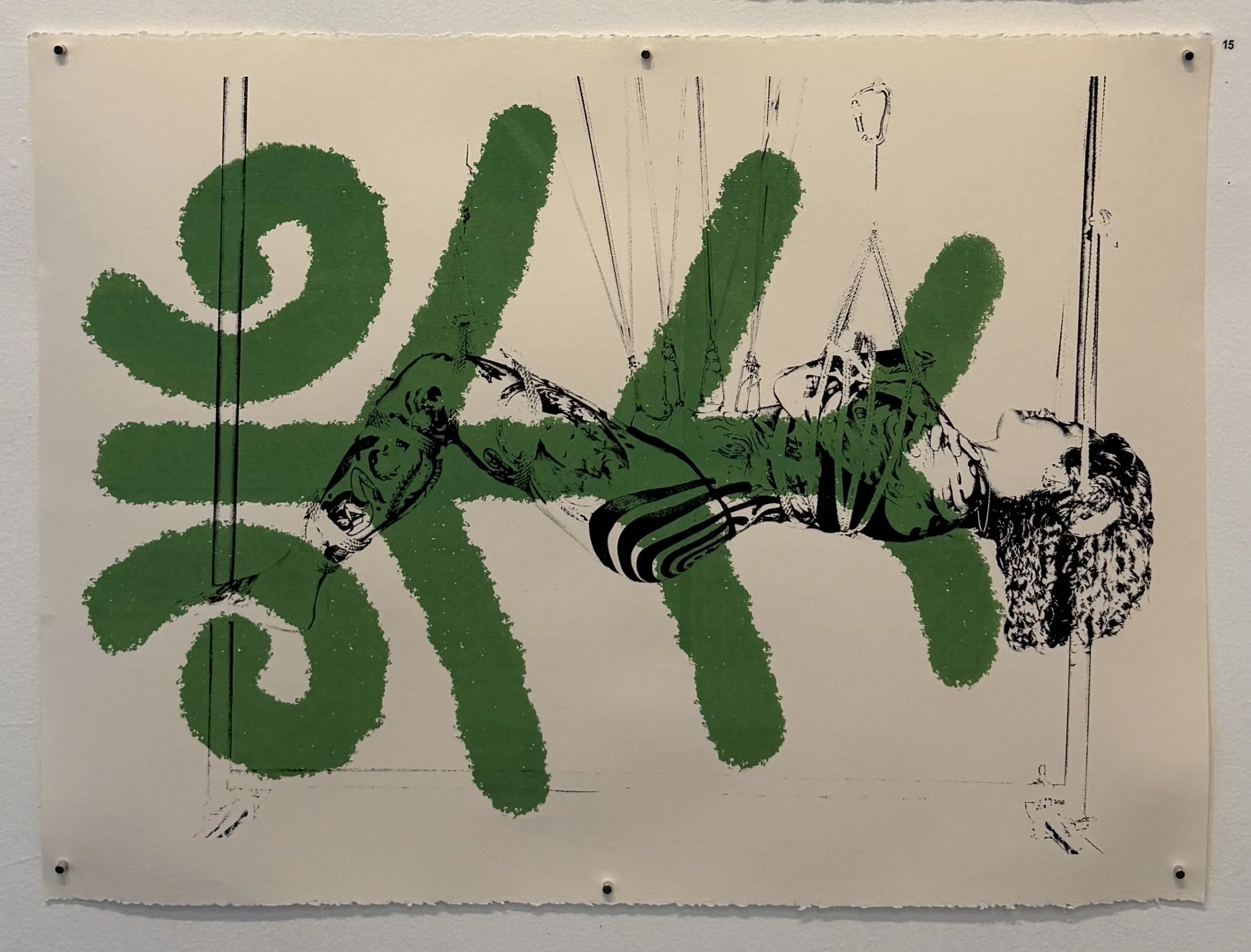 "Cube in a Corn Field" is a two colour screen printed poster of an original photograph by Jonathon Marshall (OSC) featuring Maï Fortier in a modified coma suspension with 7 abdominal hooks and rope. Print measures 31" x 22"