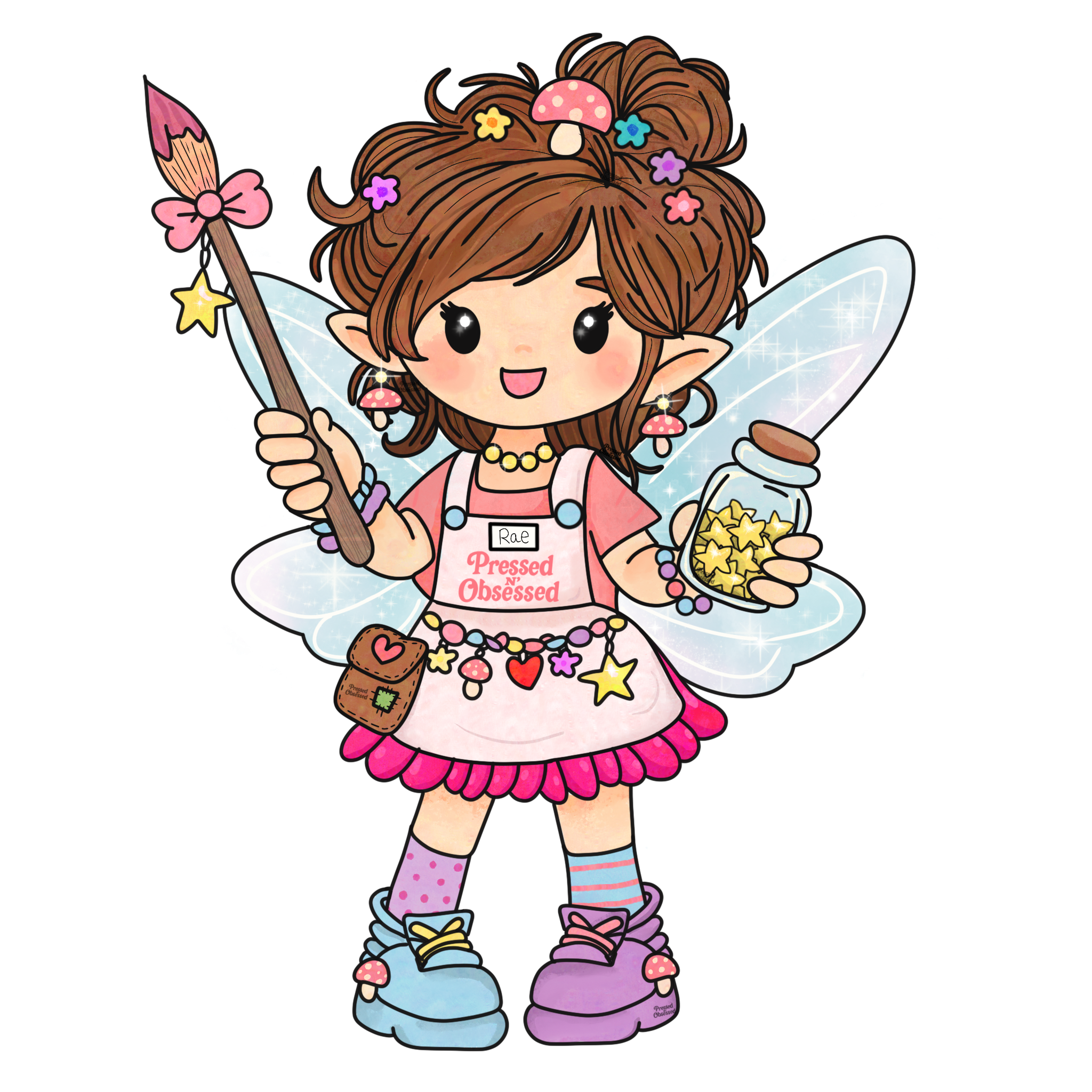 A cartoon fairy girl with brown hair and purple fairy wings, holding a pink magic wand with a star and butterfly decorations, wearing pink polka dot and striped socks, purple shoes, a pink dress, and an apron with the words "Pressed N Obsessd" on it.