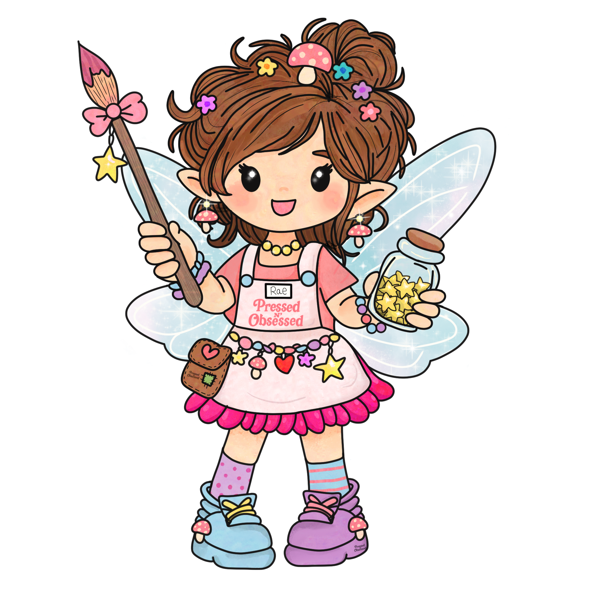A cartoon fairy girl with brown hair decorated with pink mushrooms and colorful flowers, smiling and holding a magic wand with a pink butterfly on top. She's wearing a pink dress with a name tag that reads 'Rae', fairy wings, and colorful striped socks with pink and purple shoes.
