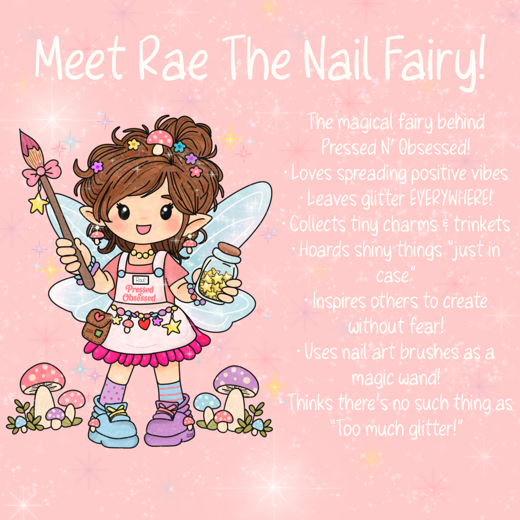 A cartoon fairy girl with brown hair, pink dress, and fairy wings, standing on pink mushrooms with purple and yellow spots, holding a magic wand, surrounded by flowers, stars, and a pink background with white sparkles.