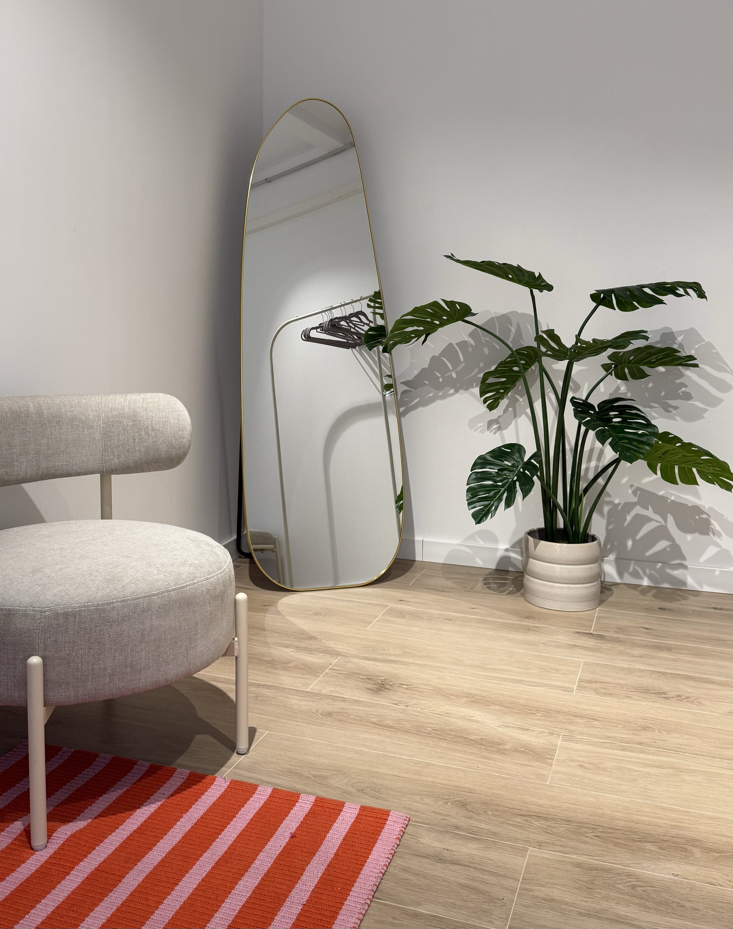 Espejo de suelo, planta de hojas grandes en maceta, silla con cojín y alfombra de rayas en una esquina de una habitación con paredes blancas y piso de madera.