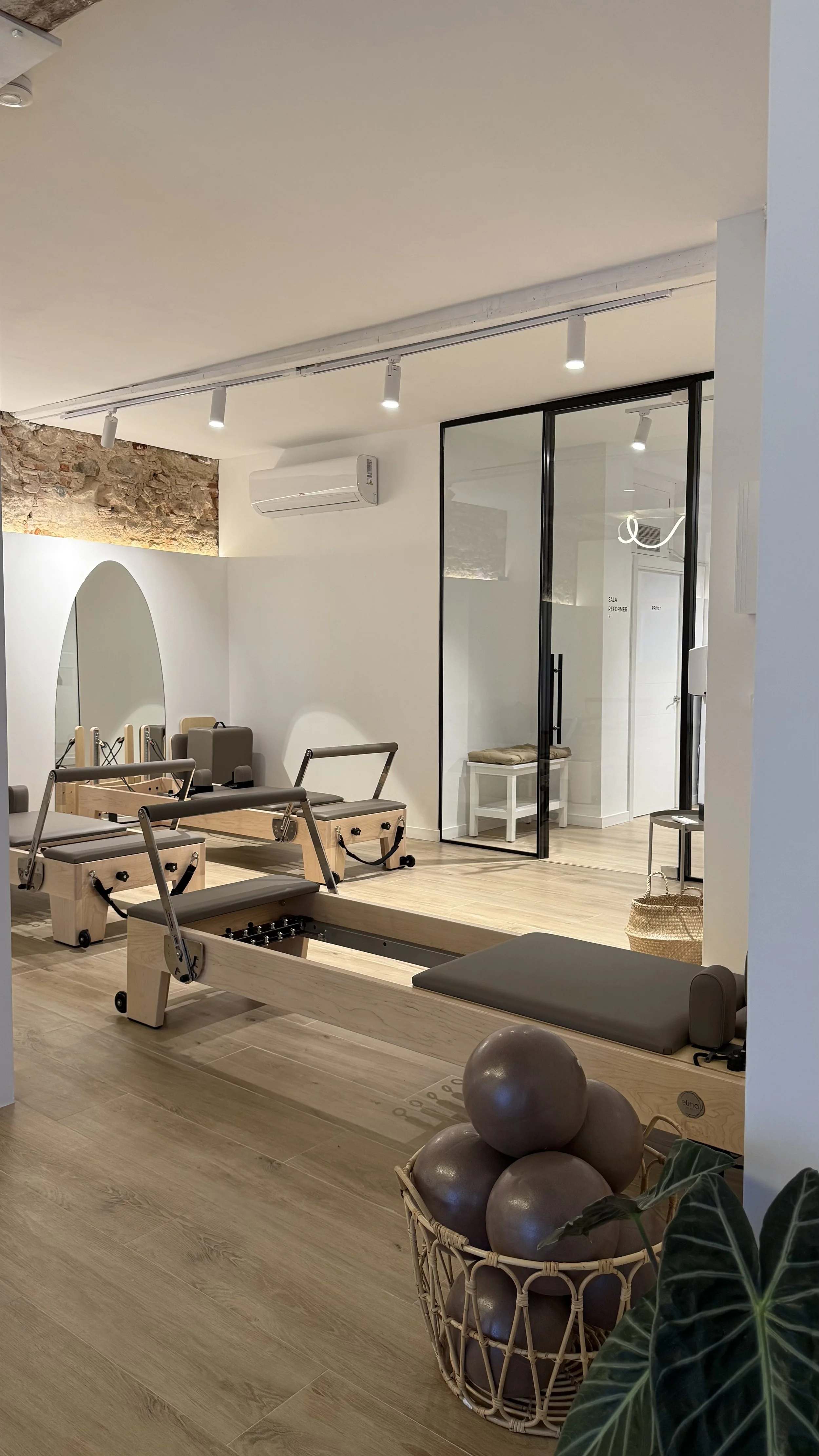 Sala de terapia física con equipo de pilates, pelota de ejercicio y un espejo en la pared, con paredes blancas y un muro de ladrillos visto.