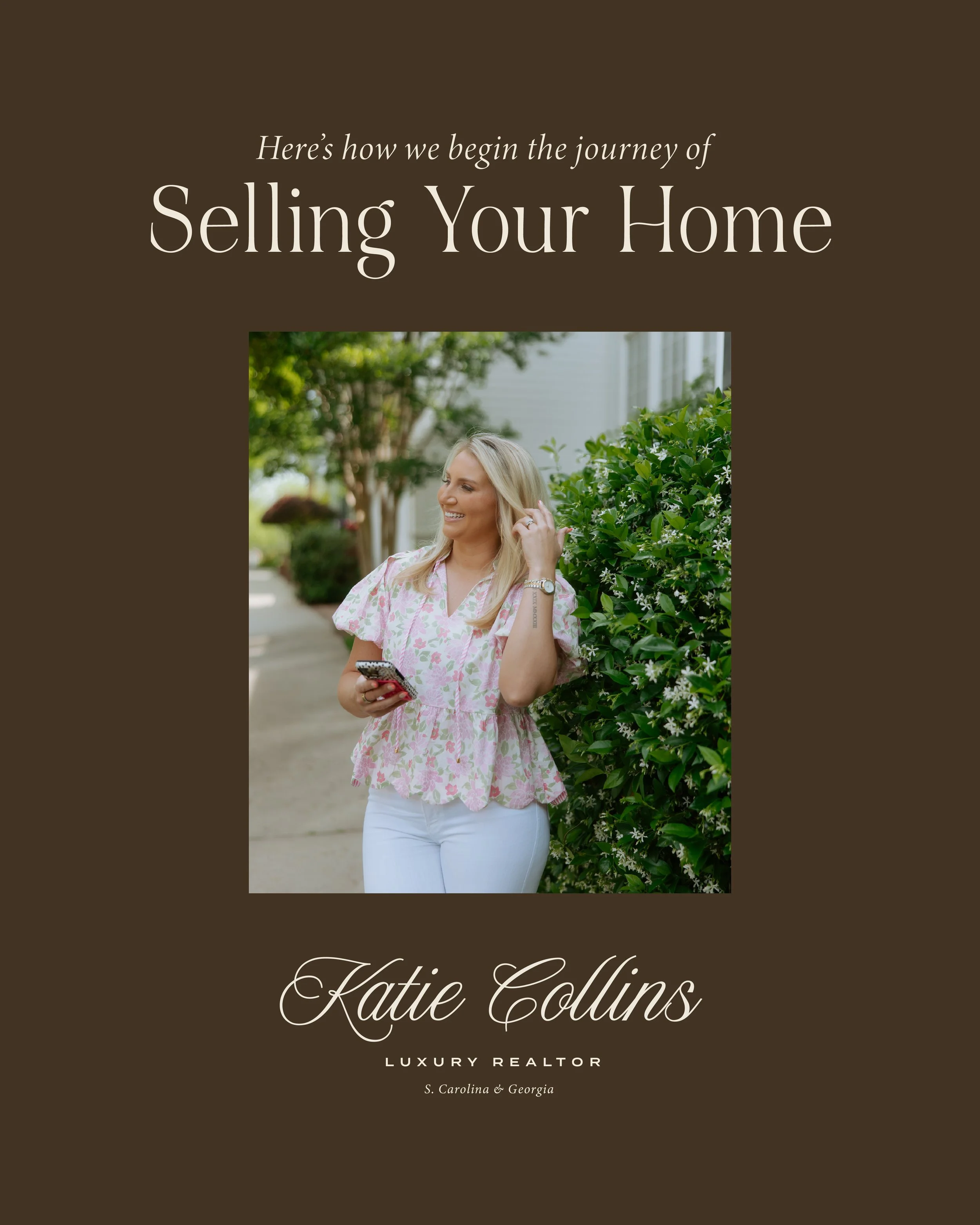 A promotional brochure cover for Katie Collins, luxury realtor in South Carolina and Georgia, featuring a smiling woman in a pink floral top holding a phone, standing in front of greenery.
