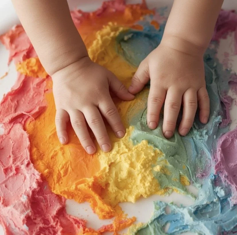 Child's hands pressing colorful rainbow-colored slime.