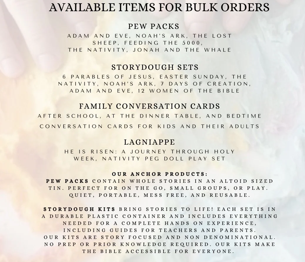 A list of available items for bulk orders, including PEW packs, storydough sets, family conversation cards, Lagniappe, and descriptions of the products and their features.