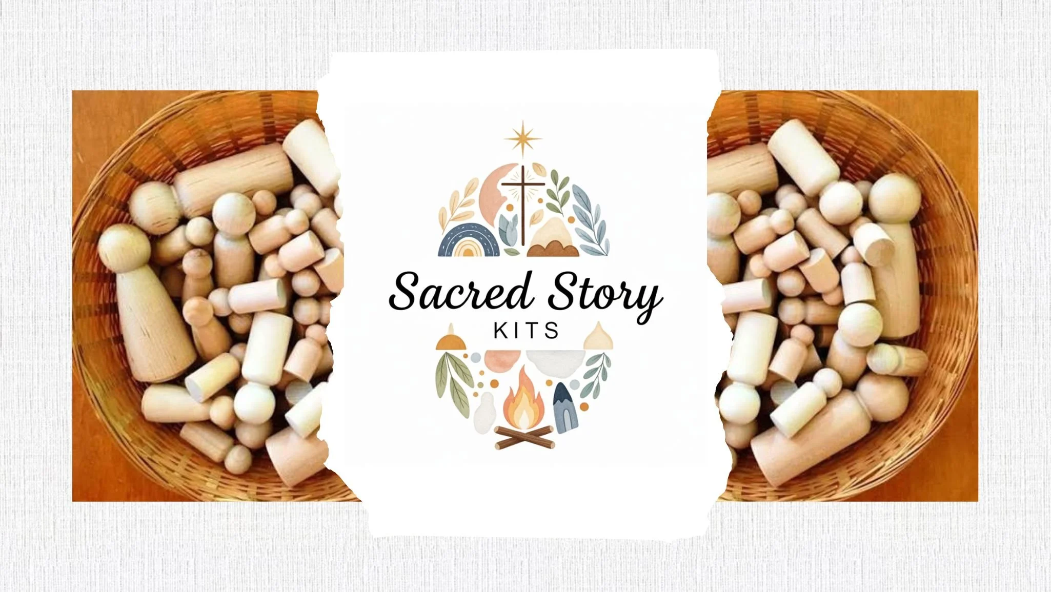 Image of two baskets filled with wooden beads and figurines, with a central logo that reads "Sacred Story Kits"