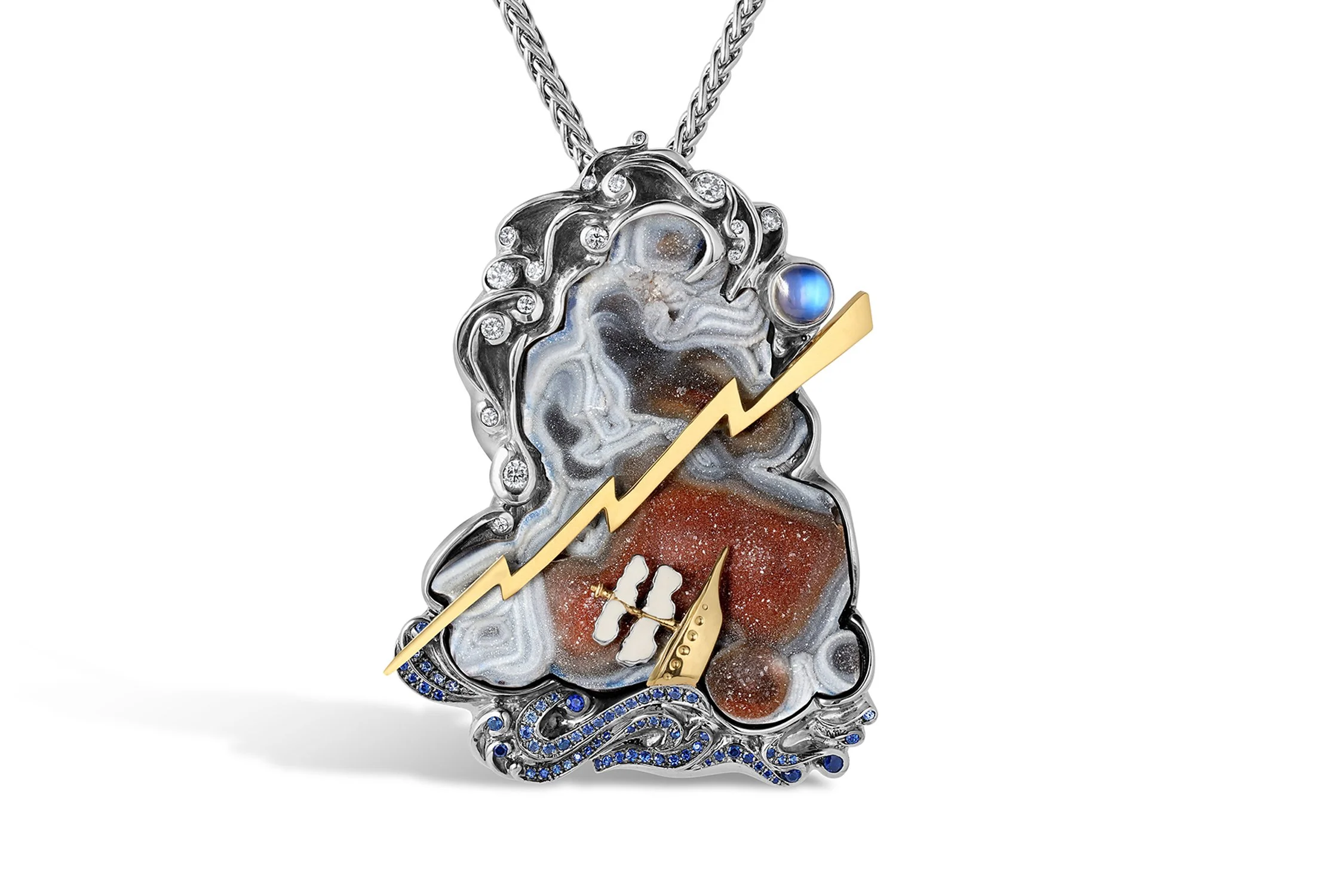 A decorative necklace featuring a pendant shaped like an animal head with a cosmic pattern, surrounded by small diamonds, and adorned with a blue gemstone and a gold lightning bolt.