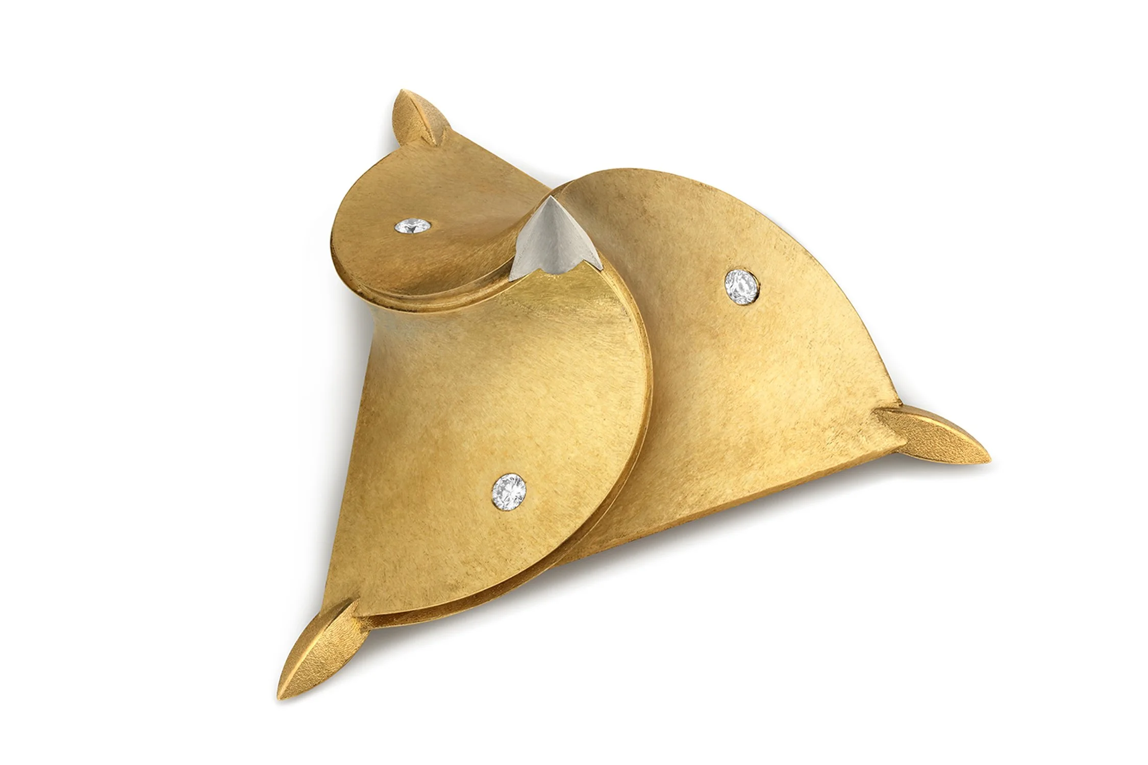 Gold sculpture of a dog with diamond accents, abstract and modern design