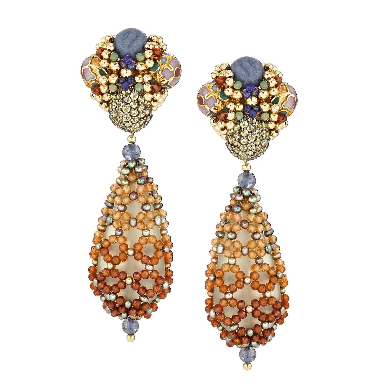 Colorful beaded earrings with floral and geometric patterns, featuring gold, purple, blue, green, brown, and cream beads, and dangling strands of orange and brown beads.